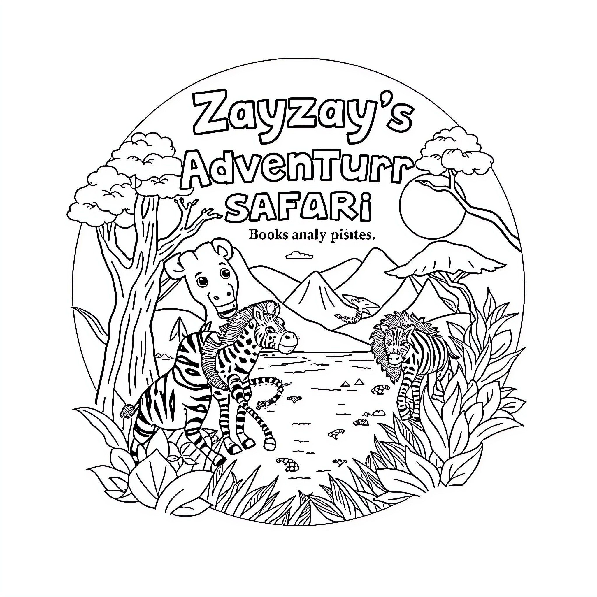 Zayzay's Safari Adventure with Animals Coloring Page (free black-and-white line drawing printable PDF for all, from beginners to advanced learners, including children, teens, adults, and seniors)