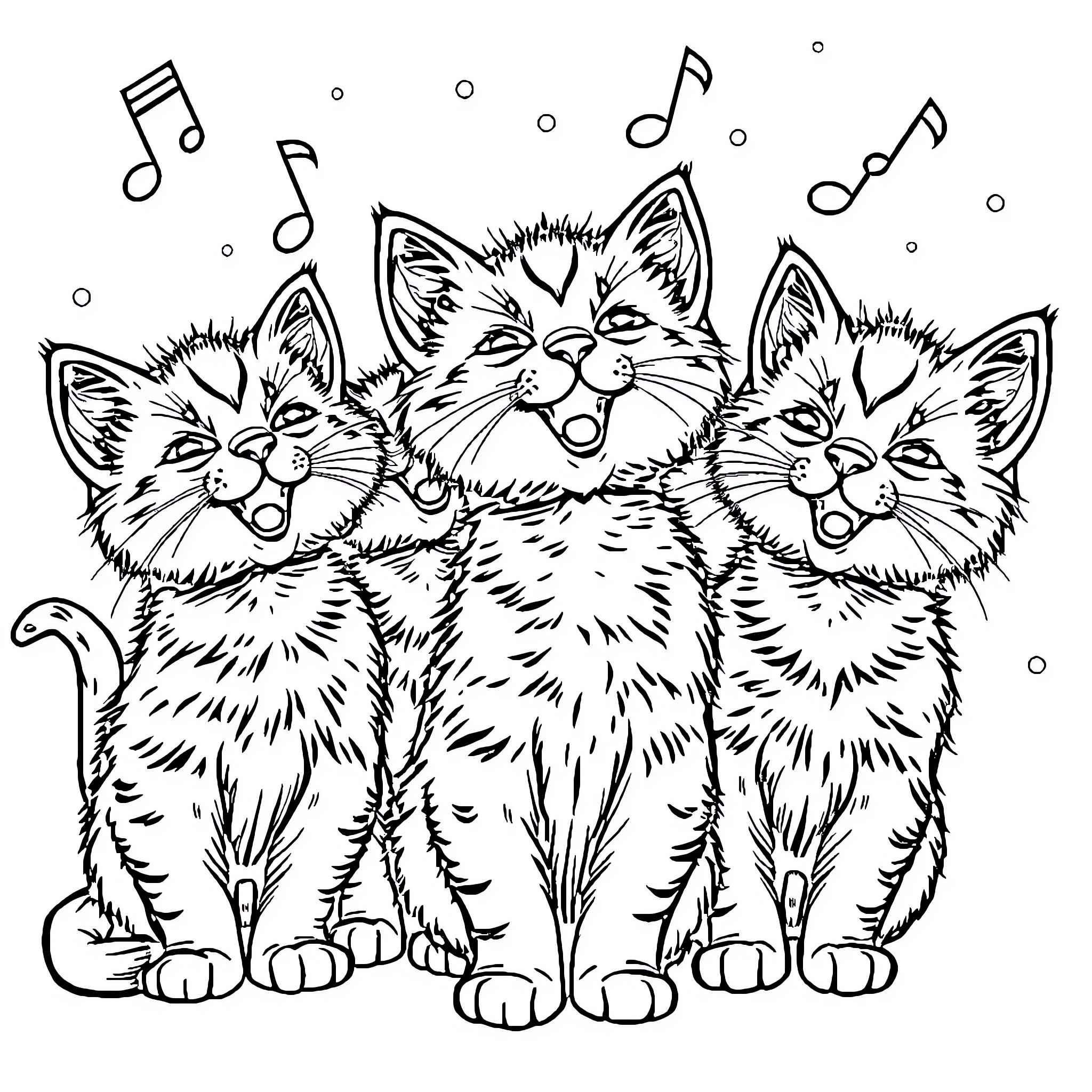 Kitty Trio Singing Joyfully with Musical Notes Coloring Page (free black-and-white line drawing printable PDF for all, from beginners to advanced learners, including children, teens, adults, and seniors)