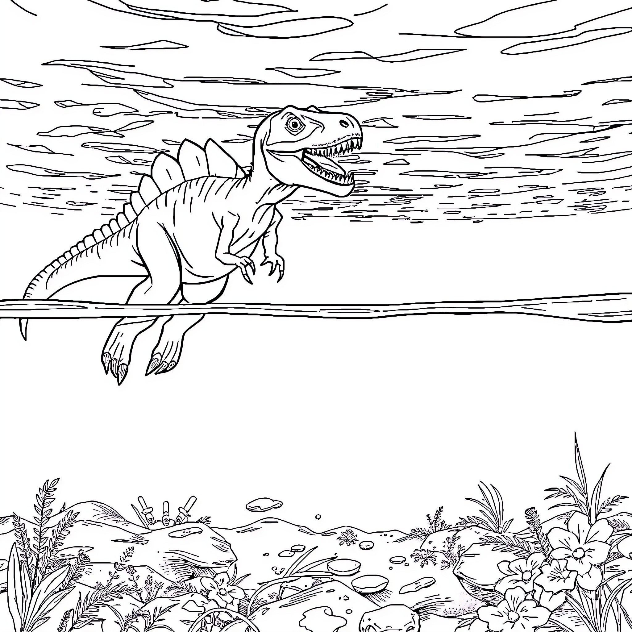 Velociraptor hunting in prehistoric landscape Coloring Page (free black-and-white line drawing printable PDF for all, from beginners to advanced learners, including children, teens, adults, and seniors)