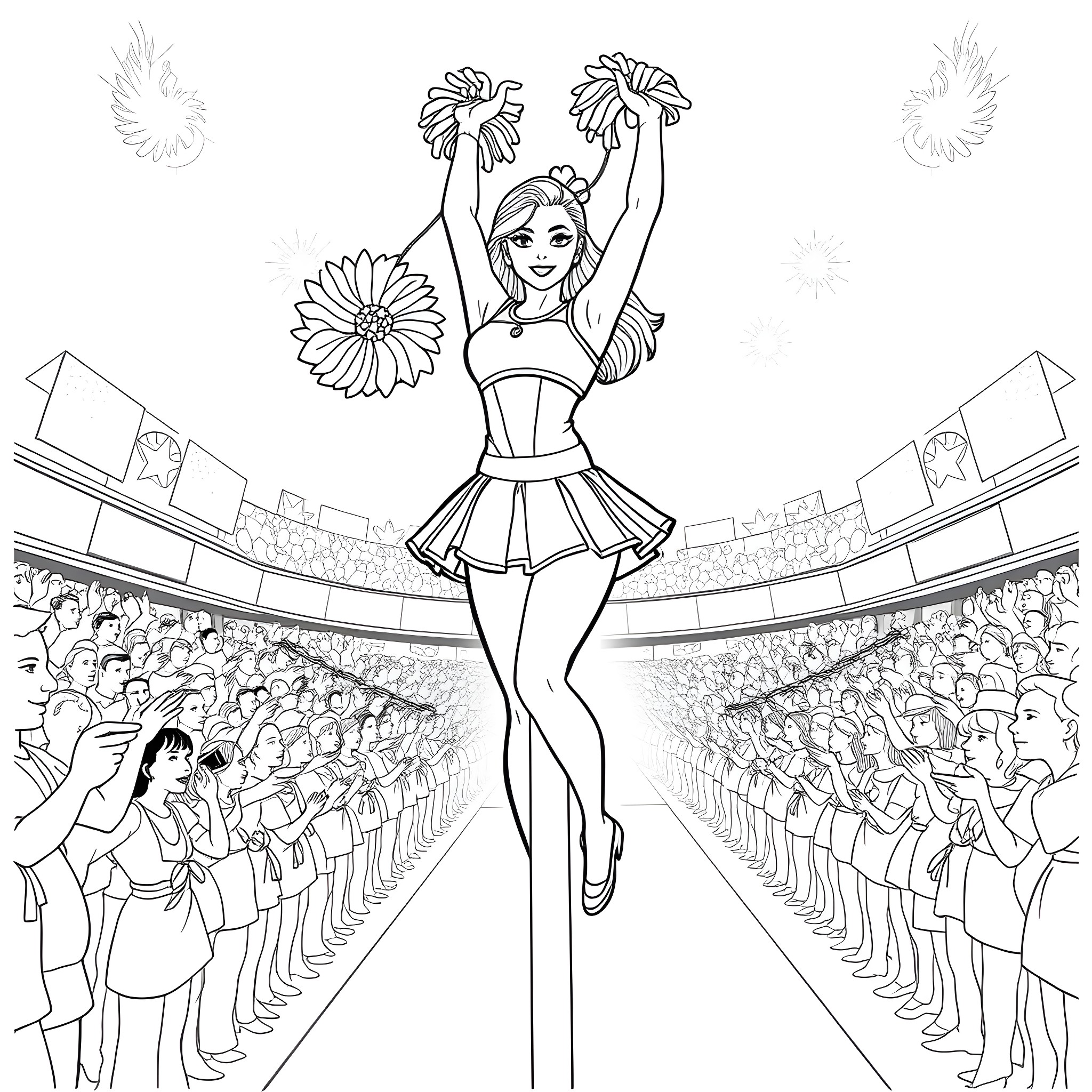 Cheerleader performing energetic routine on stage Coloring Page (free black-and-white line drawing printable PDF for all, from beginners to advanced learners, including children, teens, adults, and seniors)