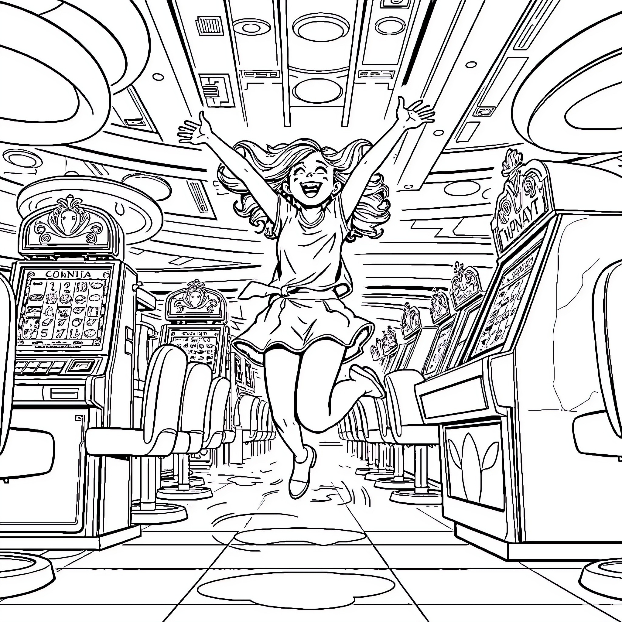 Girl Celebrating and Enjoying in Arcade Coloring Page (free black-and-white line drawing printable PDF for all, from beginners to advanced learners, including children, teens, adults, and seniors)