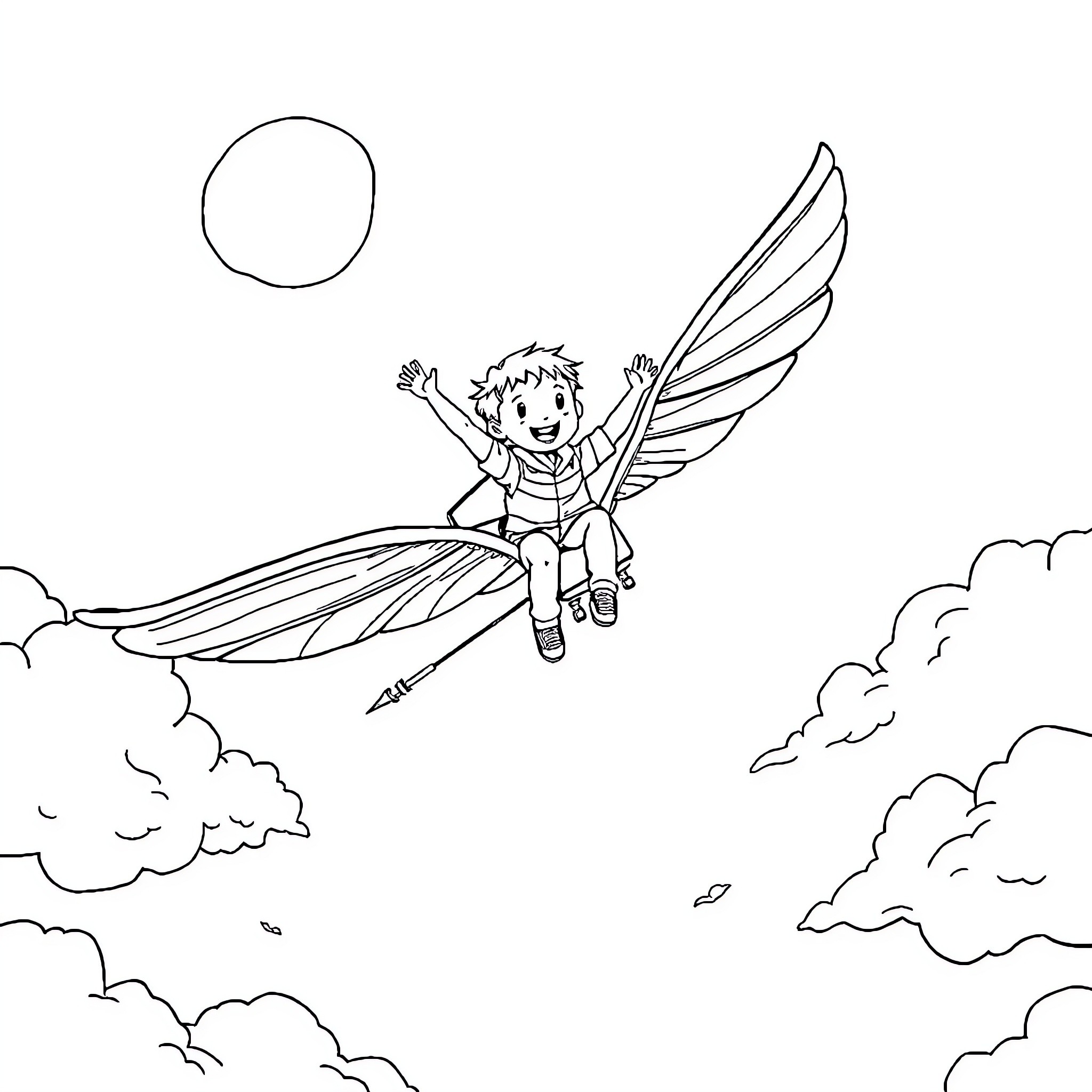 Boy flying joyfully with magical wings in the sky Coloring Page (free black-and-white line drawing printable PDF for all, from beginners to advanced learners, including children, teens, adults, and seniors)