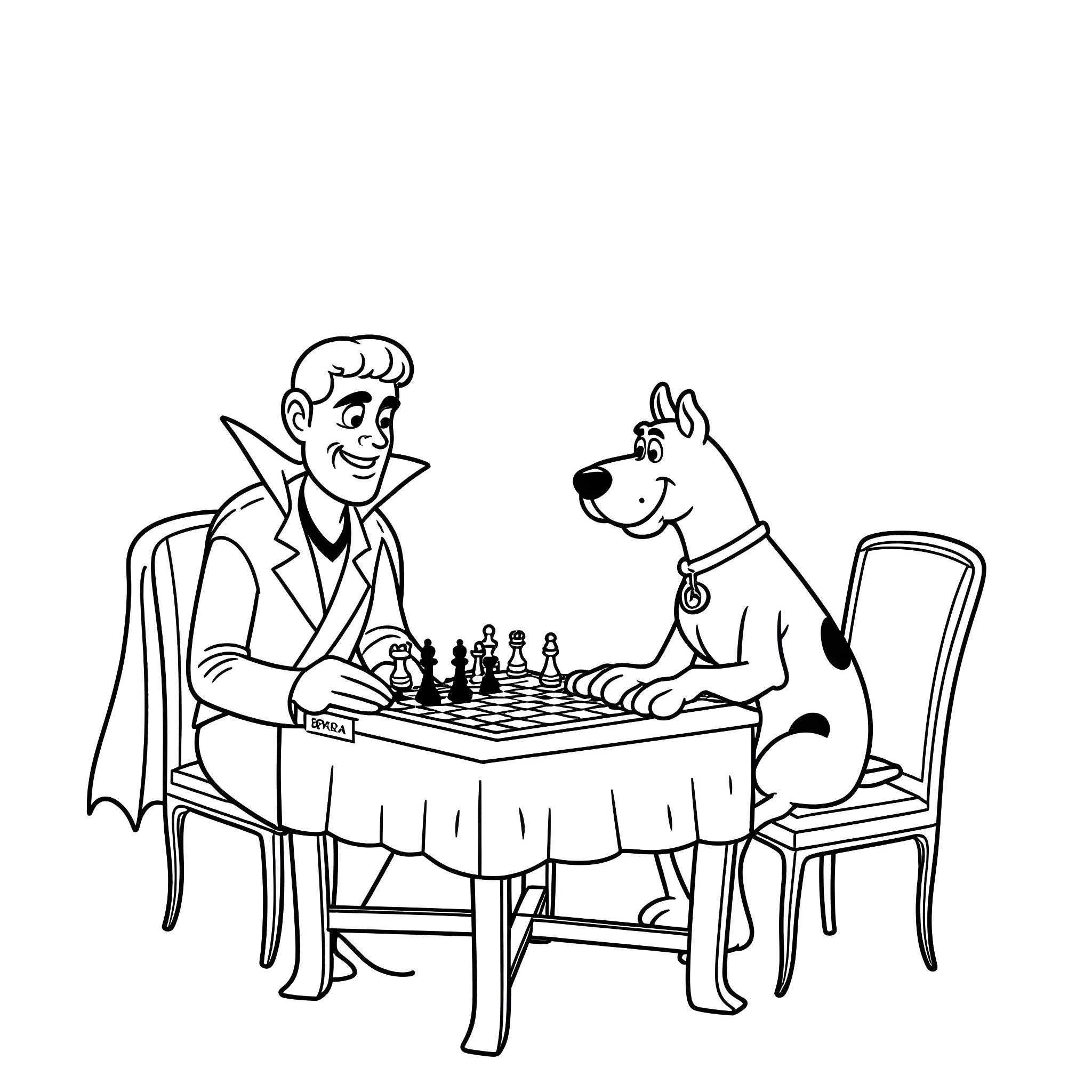 Scooby Doo playing chess with a gentleman Coloring Page (free black-and-white line drawing printable PDF for all, from beginners to advanced learners, including children, teens, adults, and seniors)