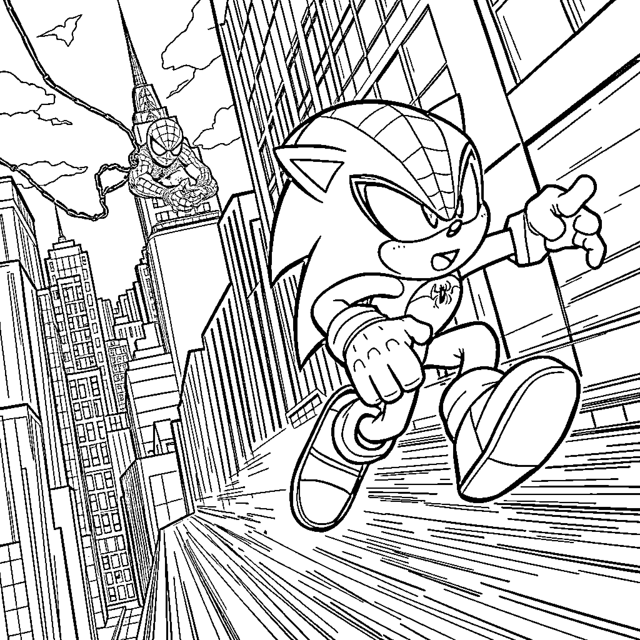 Sonic's high-speed heroic dash through the city Coloring Page (free black-and-white line drawing printable PDF for all, from beginners to advanced learners, including children, teens, adults, and seniors)