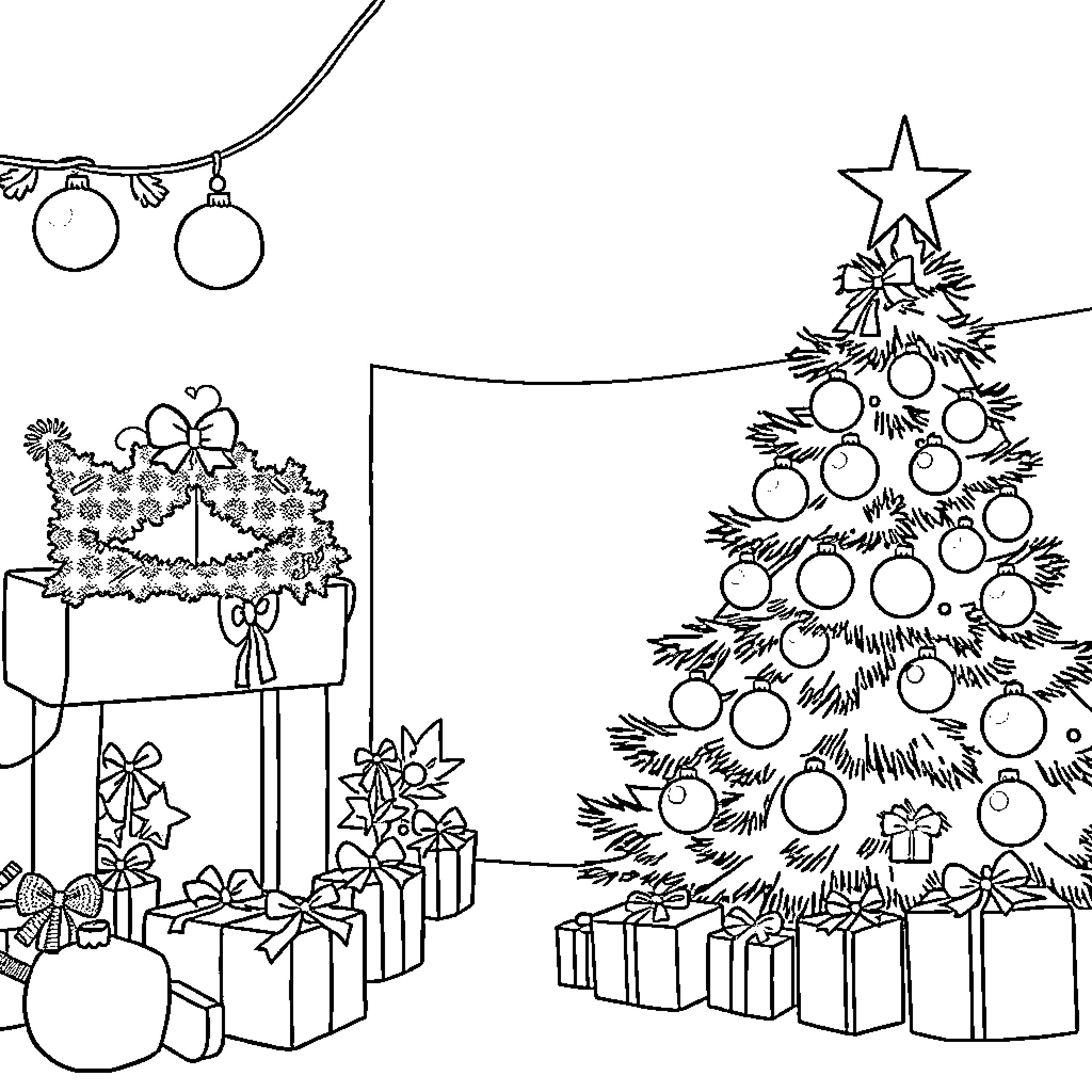 Christmas Decorations and Presents Around the Tree Coloring Page (free black-and-white line drawing printable PDF for all, from beginners to advanced learners, including children, teens, adults, and seniors)