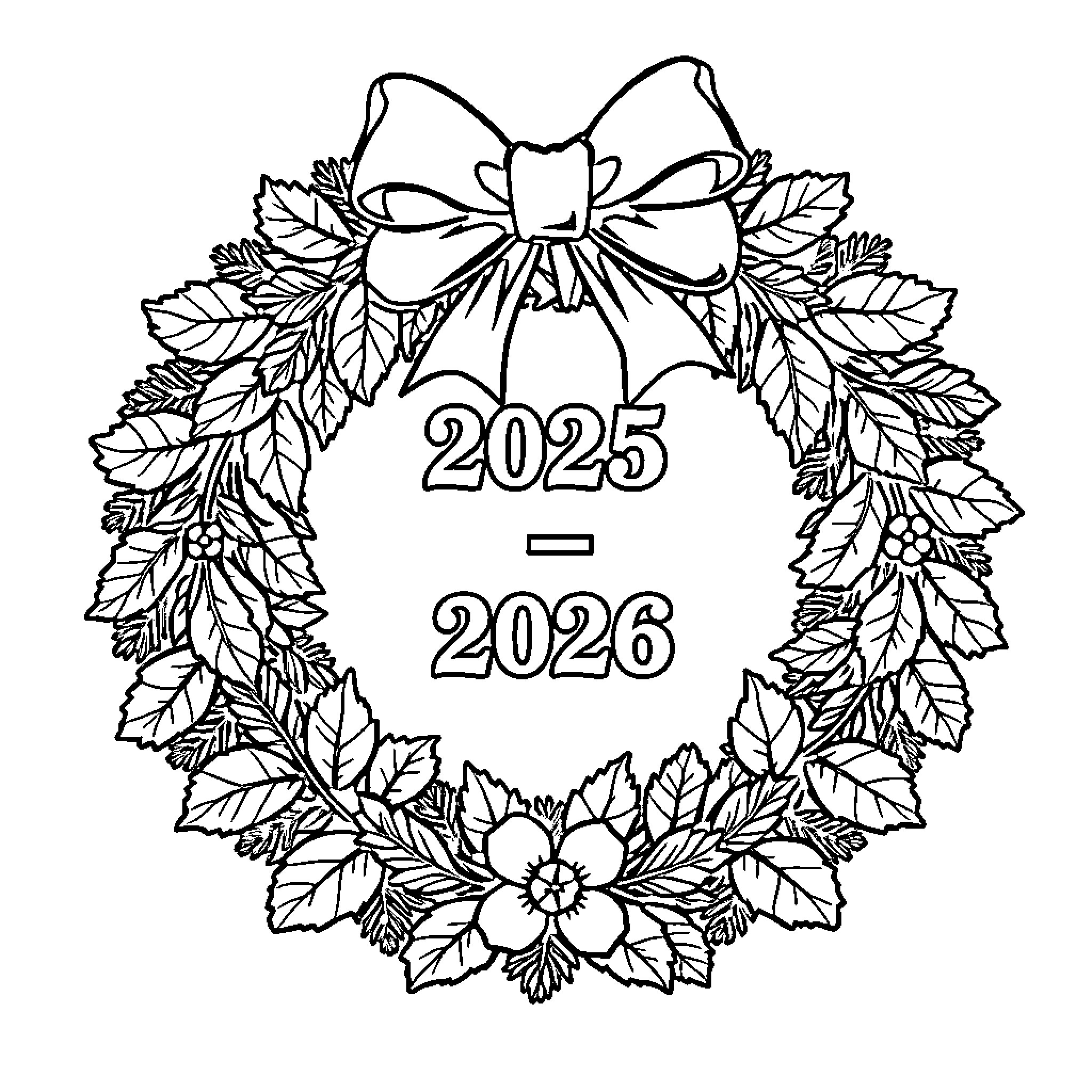 Wreath displaying transition from 2025 to 2026 Coloring Page (free black-and-white line drawing printable PDF for all, from beginners to advanced learners, including children, teens, adults, and seniors)