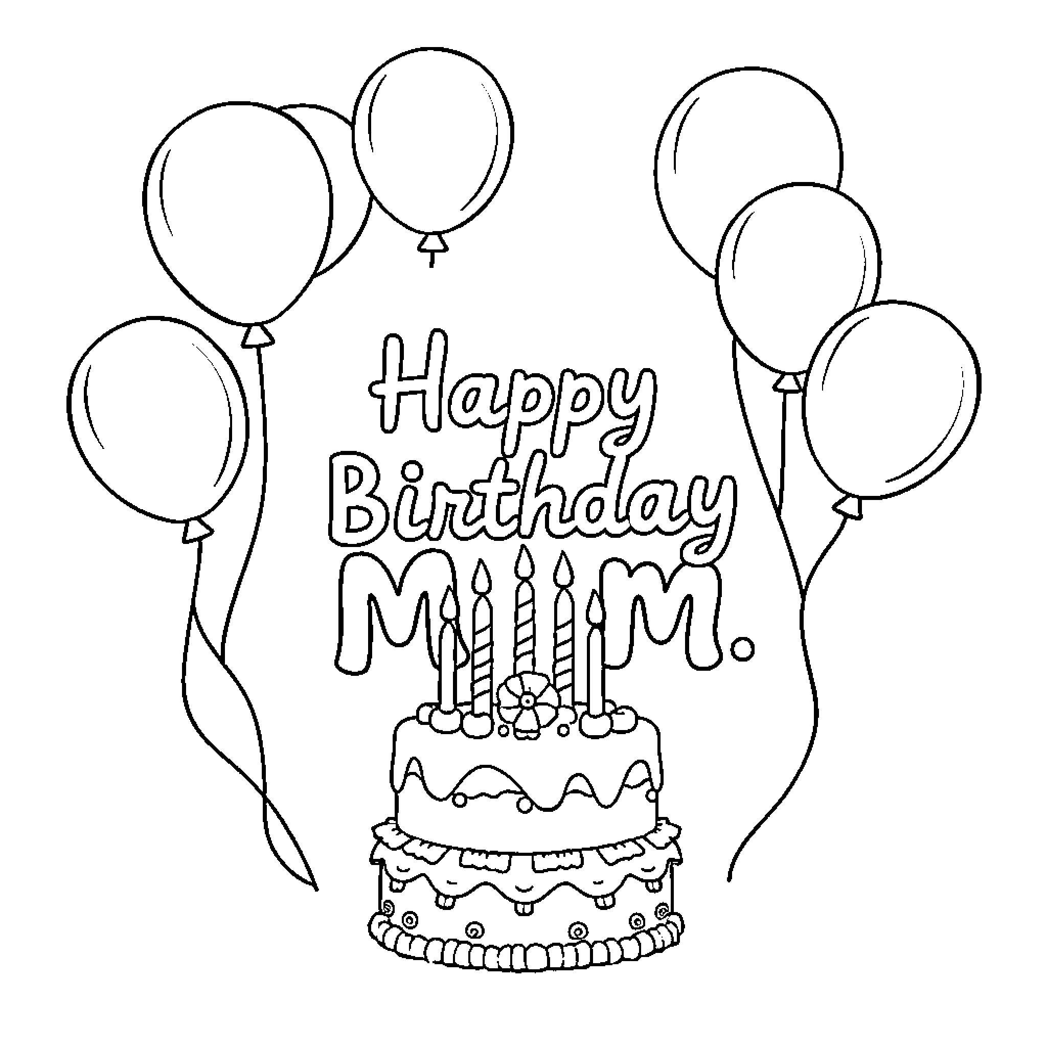 Birthday Celebration with Cake and Balloons Coloring Page (free black-and-white line drawing printable PDF for all, from beginners to advanced learners, including children, teens, adults, and seniors)