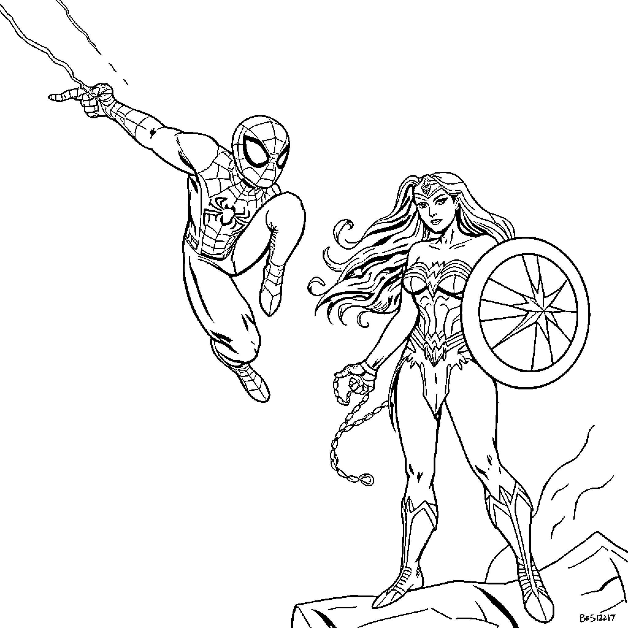 Spider-Man and Wonder Woman facing off heroically Coloring Page (free black-and-white line drawing printable PDF for all, from beginners to advanced learners, including children, teens, adults, and seniors)