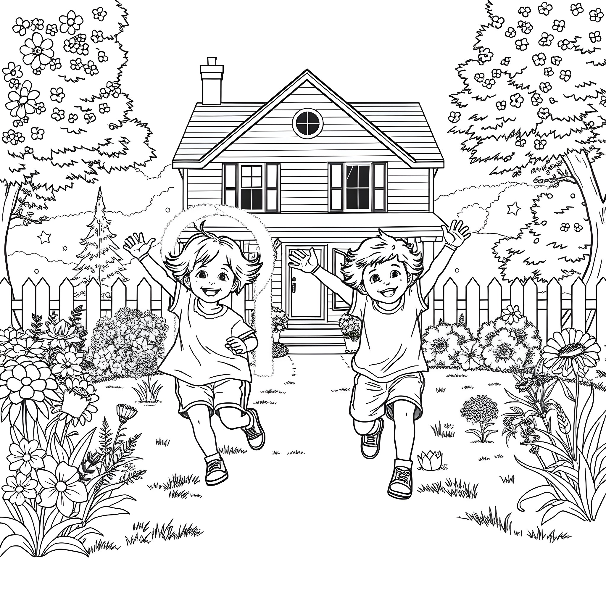 Children playing happily in a flowery garden Coloring Page (free black-and-white line drawing printable PDF for all, from beginners to advanced learners, including children, teens, adults, and seniors)