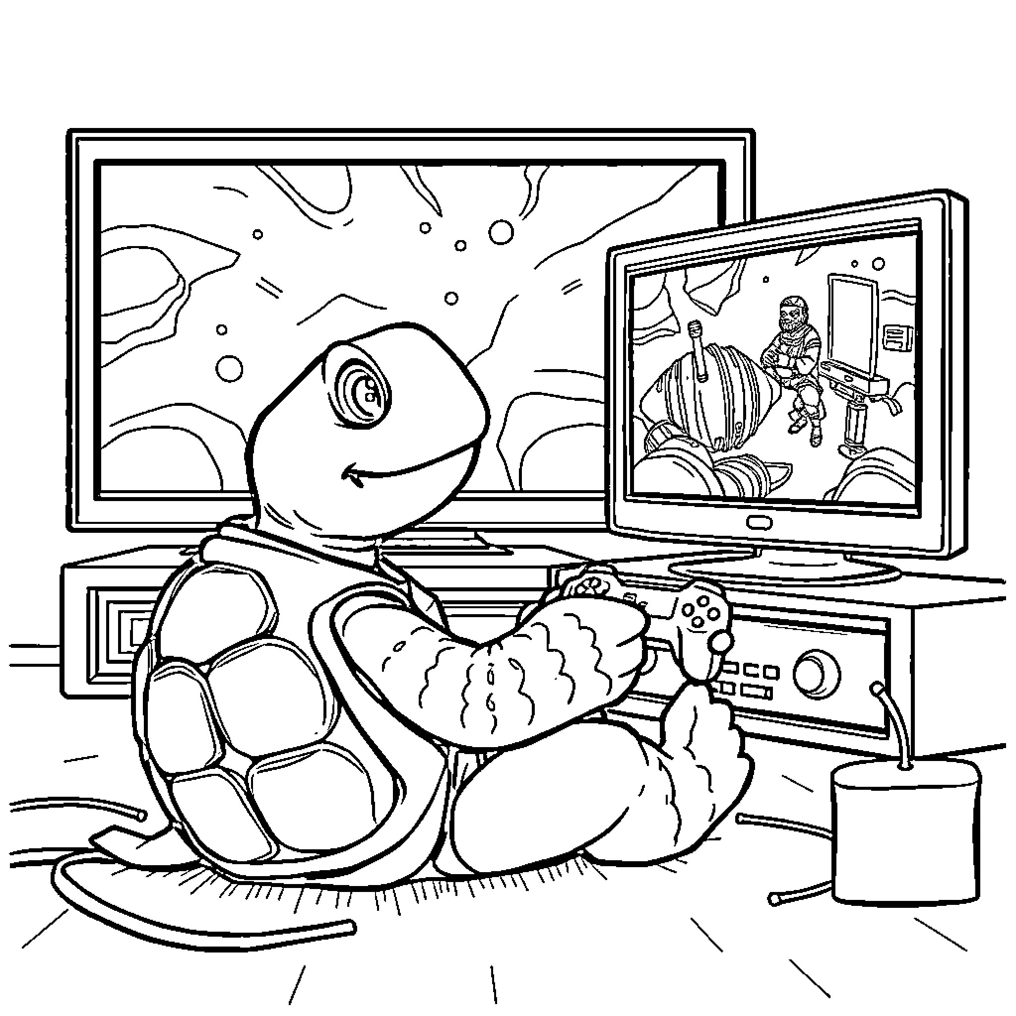 Turtle relaxing and playing video games Coloring Page (free black-and-white line drawing printable PDF for all, from beginners to advanced learners, including children, teens, adults, and seniors)