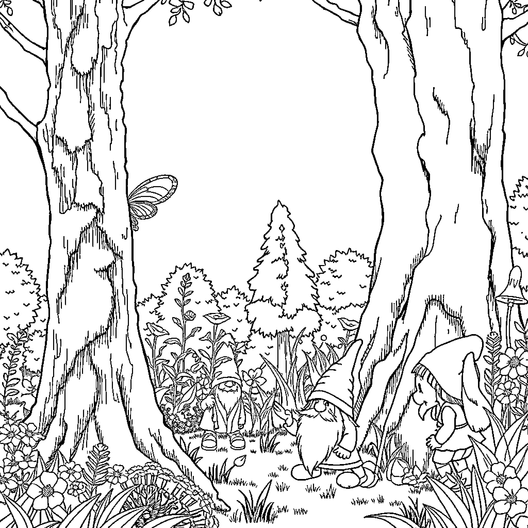 Fairy Forest Scene with Mythical Creatures Coloring Page (free black-and-white line drawing printable PDF for all, from beginners to advanced learners, including children, teens, adults, and seniors)