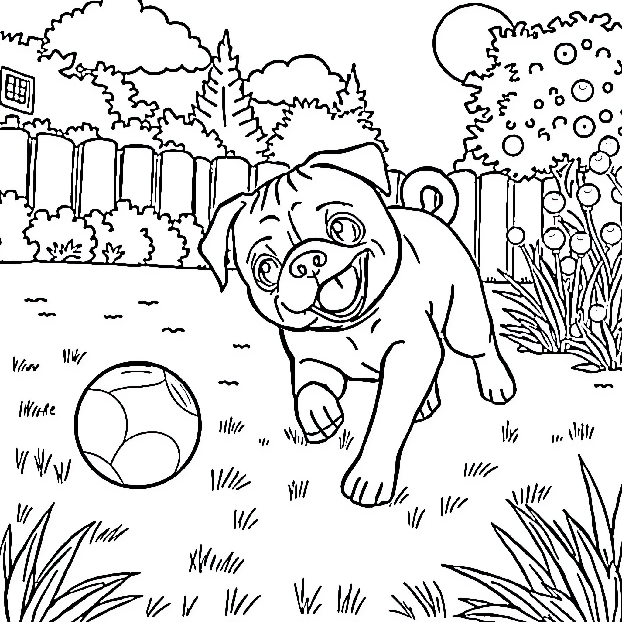 Pug playing joyfully in a lush outdoor scene Coloring Page (free black-and-white line drawing printable PDF for all, from beginners to advanced learners, including children, teens, adults, and seniors)