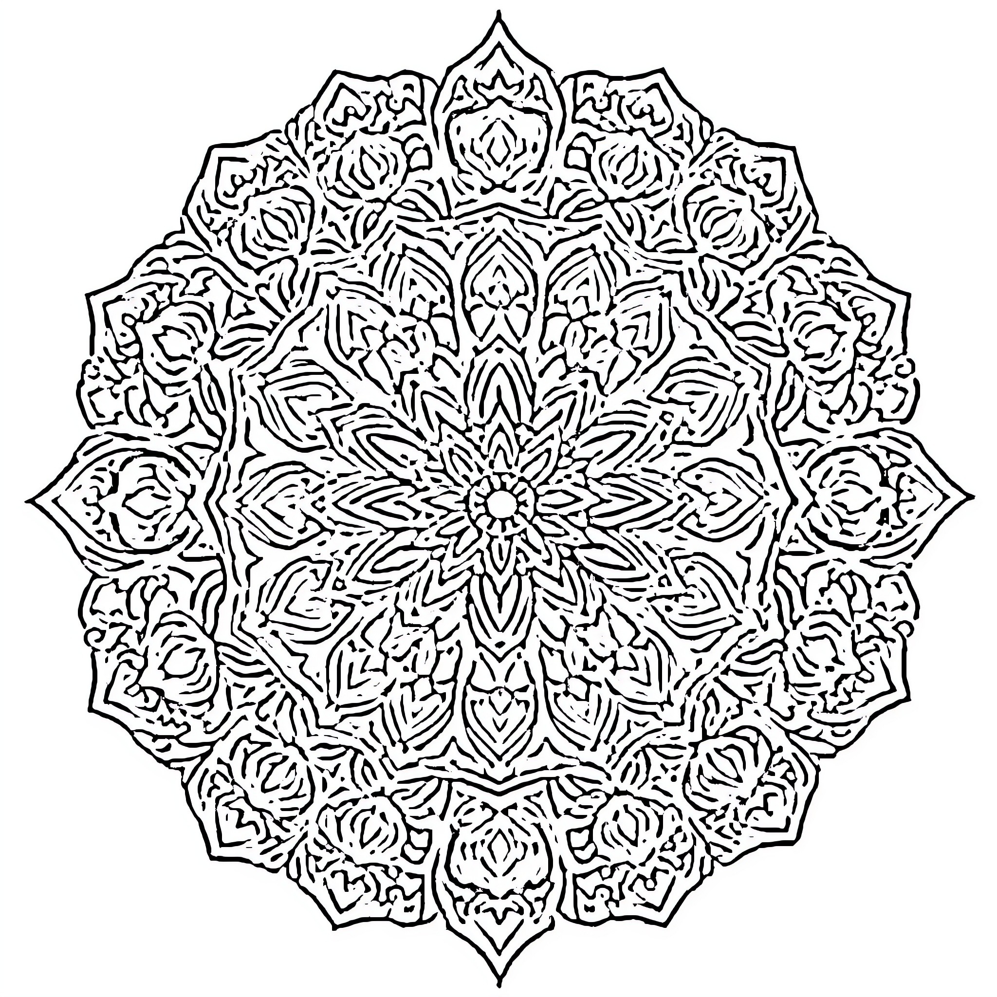 Mandala of intricate floral patterns Coloring Page (free black-and-white line drawing printable PDF for all, from beginners to advanced learners, including children, teens, adults, and seniors)