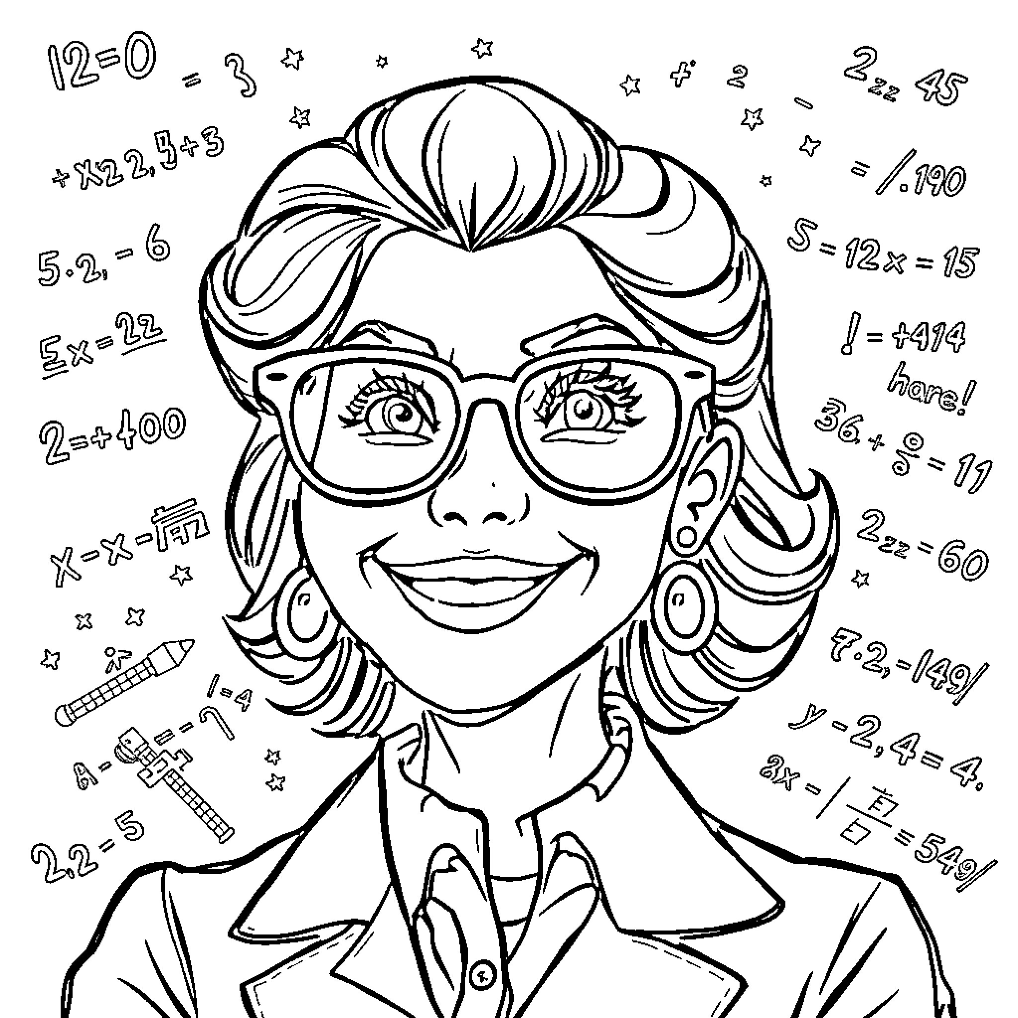 Math Teacher Enthusiastically Solving Mathematical Problems Coloring Page (free black-and-white line drawing printable PDF for all, from beginners to advanced learners, including children, teens, adults, and seniors)