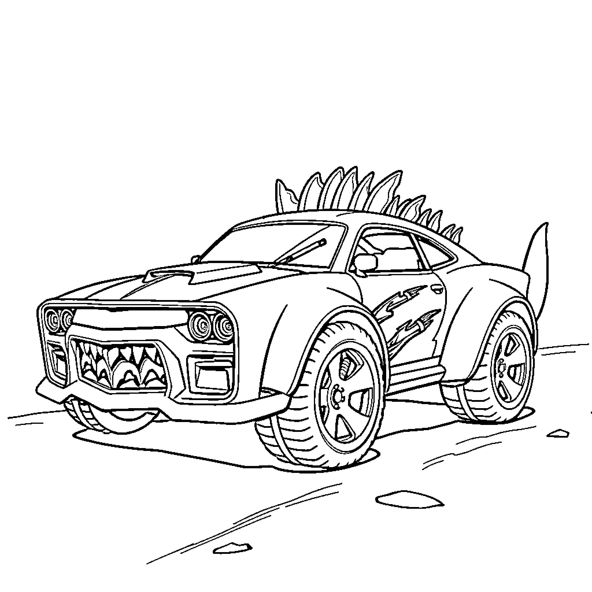 Monster Truck Roaring Through the Wilderness Coloring Page (free black-and-white line drawing printable PDF for all, from beginners to advanced learners, including children, teens, adults, and seniors)
