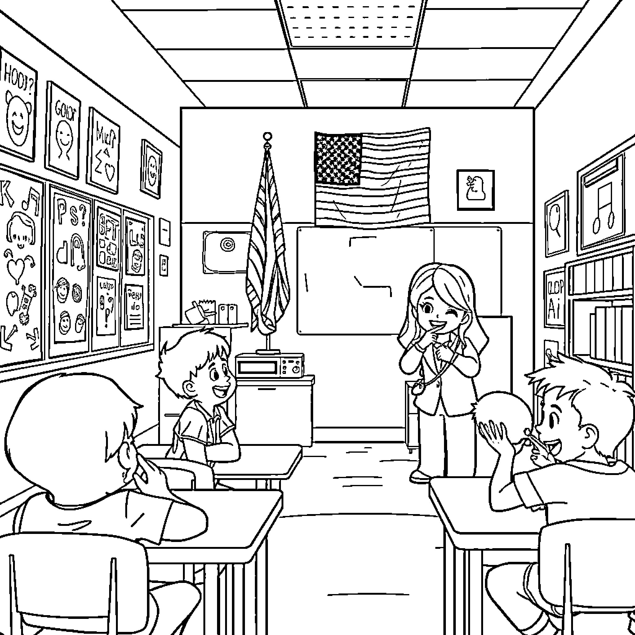 Classroom scene with students and teacher Coloring Page (free black-and-white line drawing printable PDF for all, from beginners to advanced learners, including children, teens, adults, and seniors)