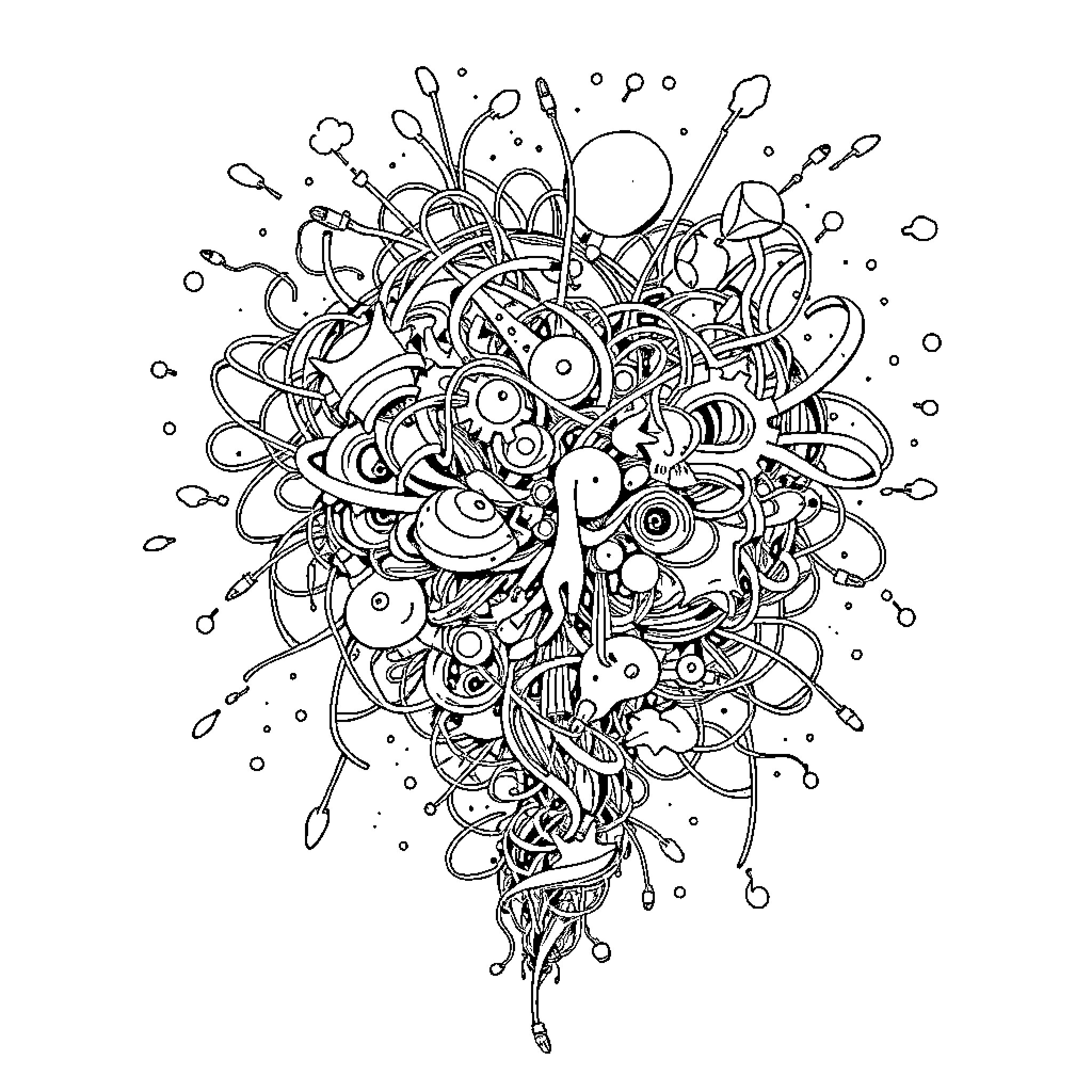 Brainrot: Chaotic Imagination Explosion Coloring Page (free black-and-white line drawing printable PDF for all, from beginners to advanced learners, including children, teens, adults, and seniors)
