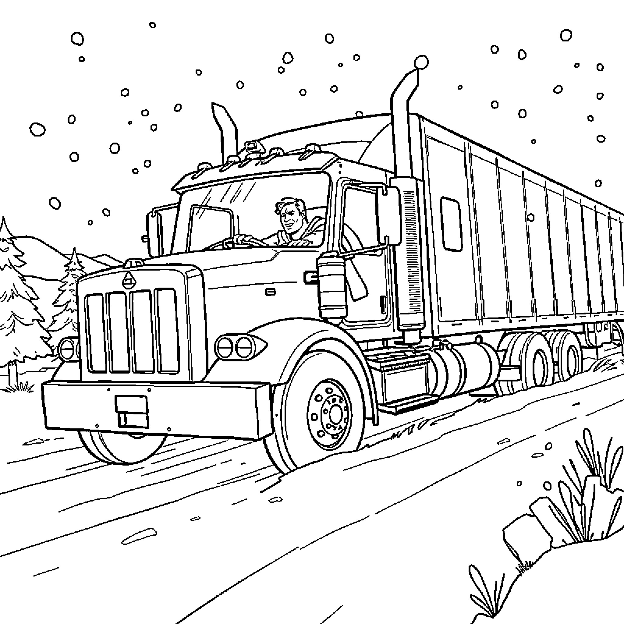 Superman driving a snow-covered transport truck Coloring Page (free black-and-white line drawing printable PDF for all, from beginners to advanced learners, including children, teens, adults, and seniors)
