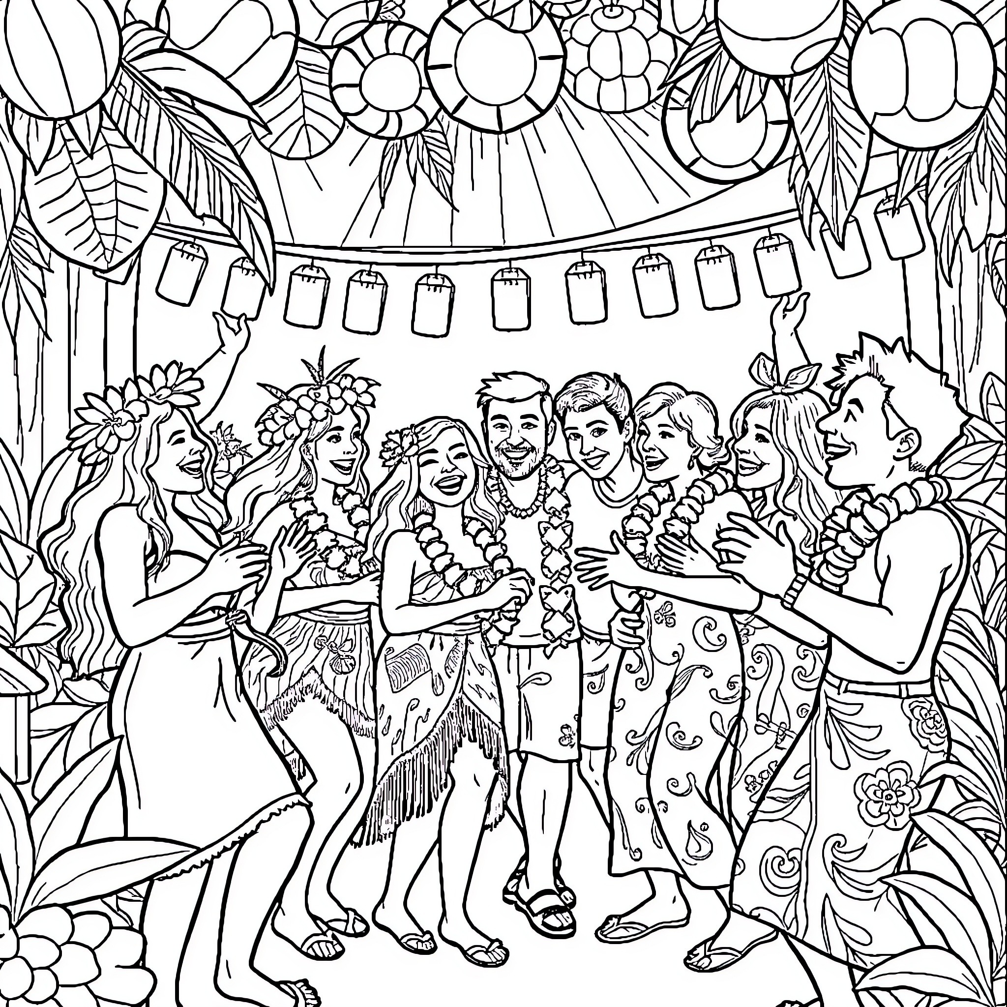 Party with Vibrant Outfits and Lively Expressions Coloring Page (free black-and-white line drawing printable PDF for all, from beginners to advanced learners, including children, teens, adults, and seniors)