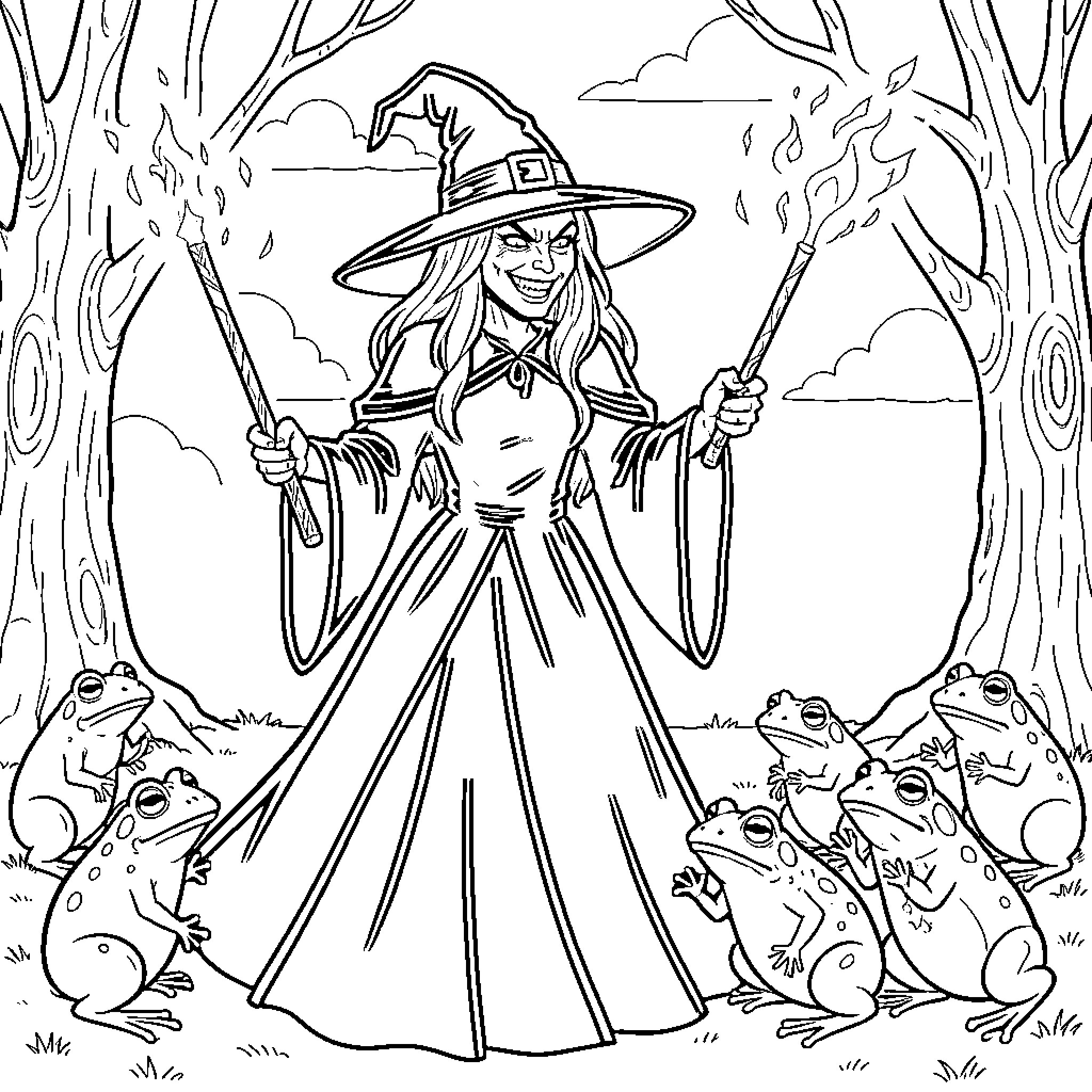 Sorcière holding magic wands and smiling at frogs Coloring Page (free black-and-white line drawing printable PDF for all, from beginners to advanced learners, including children, teens, adults, and seniors)