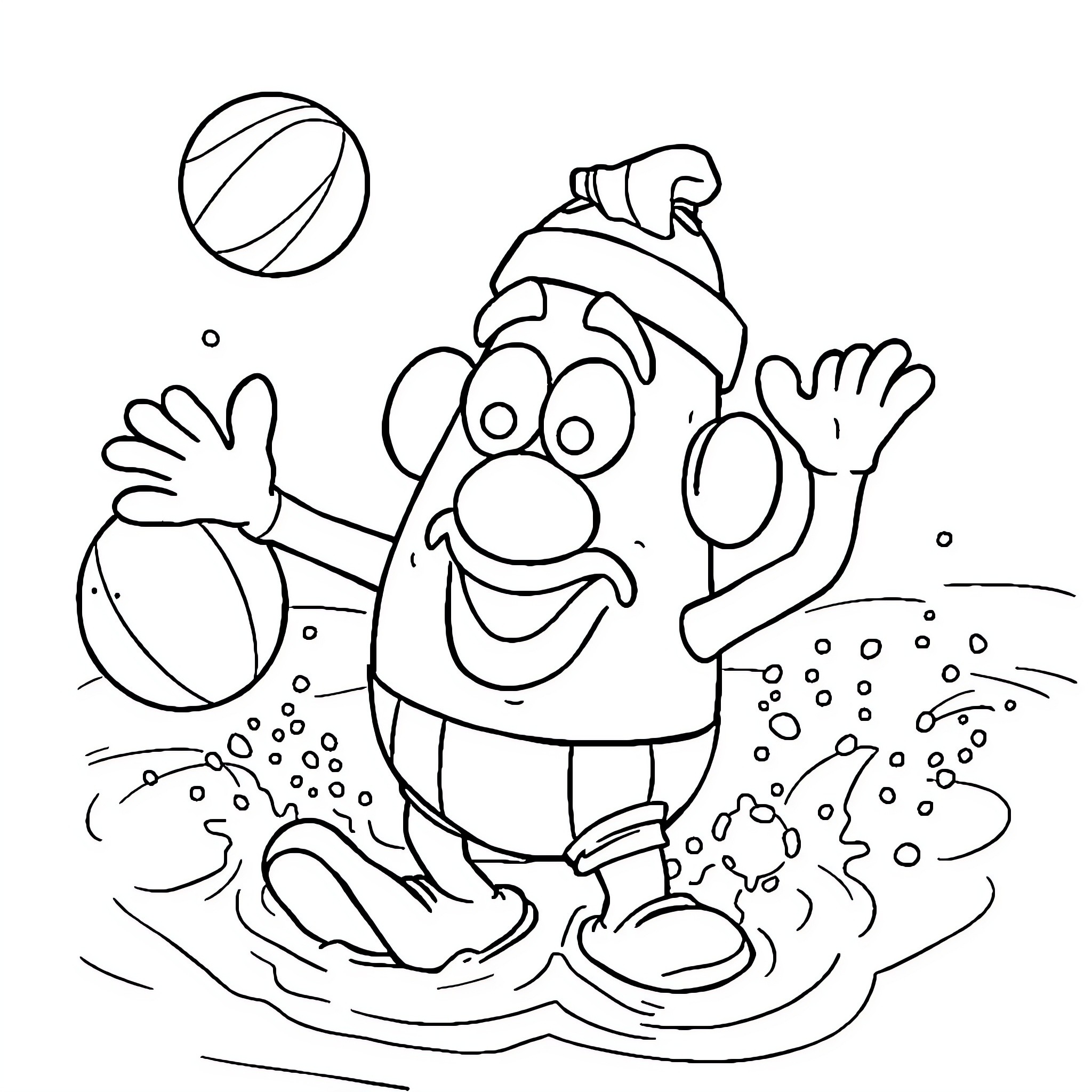 Mr. Potato Head Playing in the Water with Ball Coloring Page (free black-and-white line drawing printable PDF for all, from beginners to advanced learners, including children, teens, adults, and seniors)