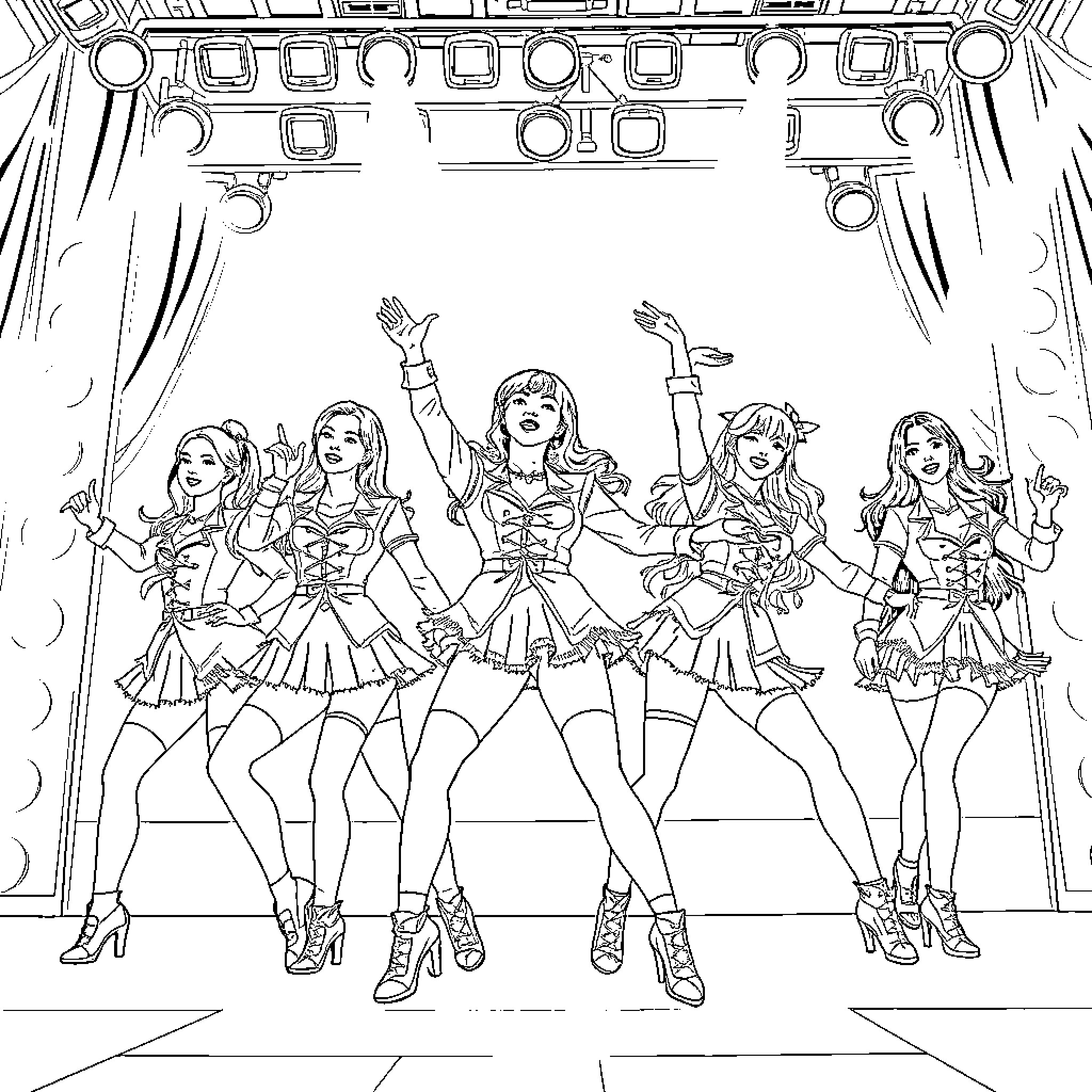 K-Pop Warriors Performing with Vibrant Outfits and Energetic Poses Coloring Page (free black-and-white line drawing printable PDF for all, from beginners to advanced learners, including children, teens, adults, and seniors)
