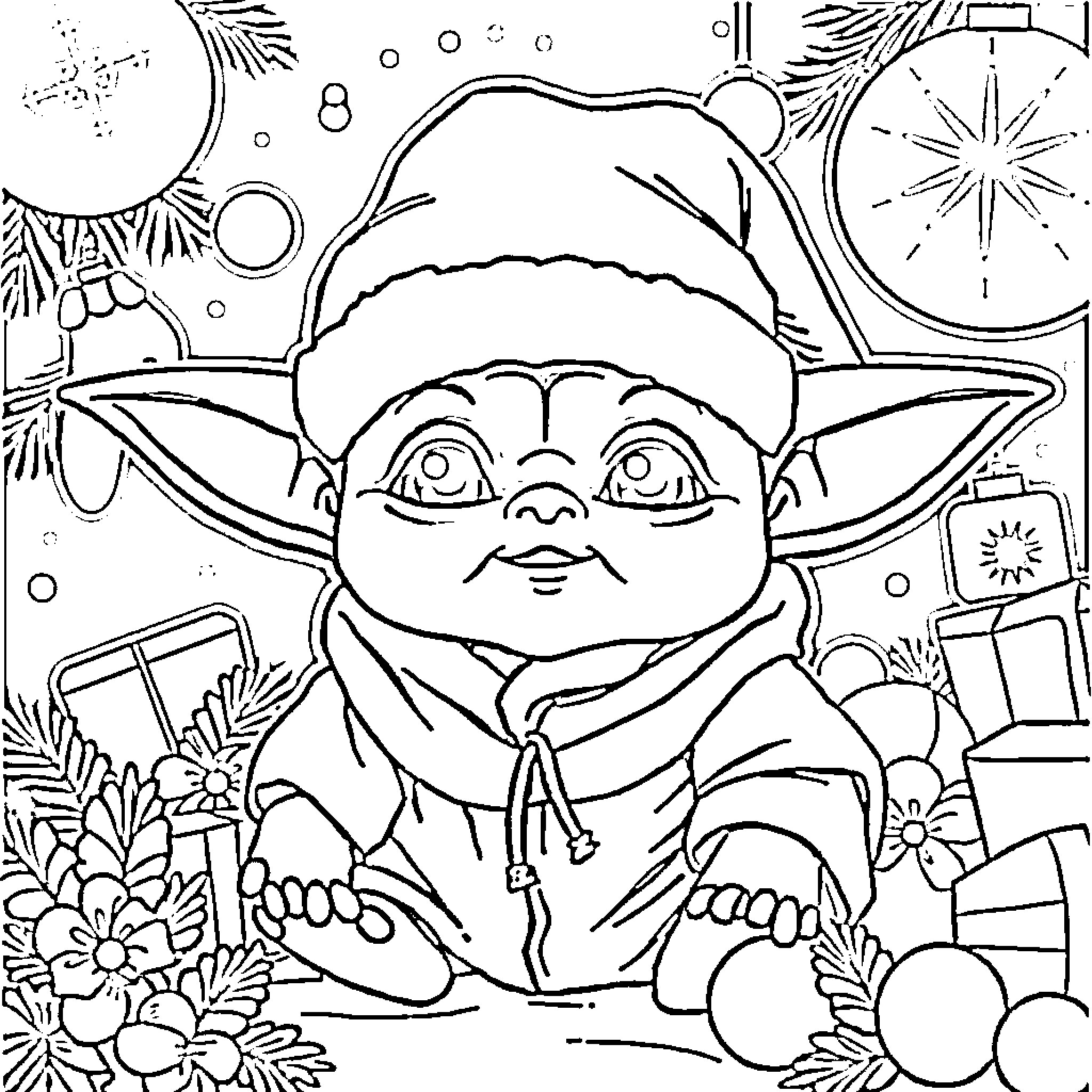 Baby Yoda in a Festive Winter Wonderland Coloring Page (free black-and-white line drawing printable PDF for all, from beginners to advanced learners, including children, teens, adults, and seniors)