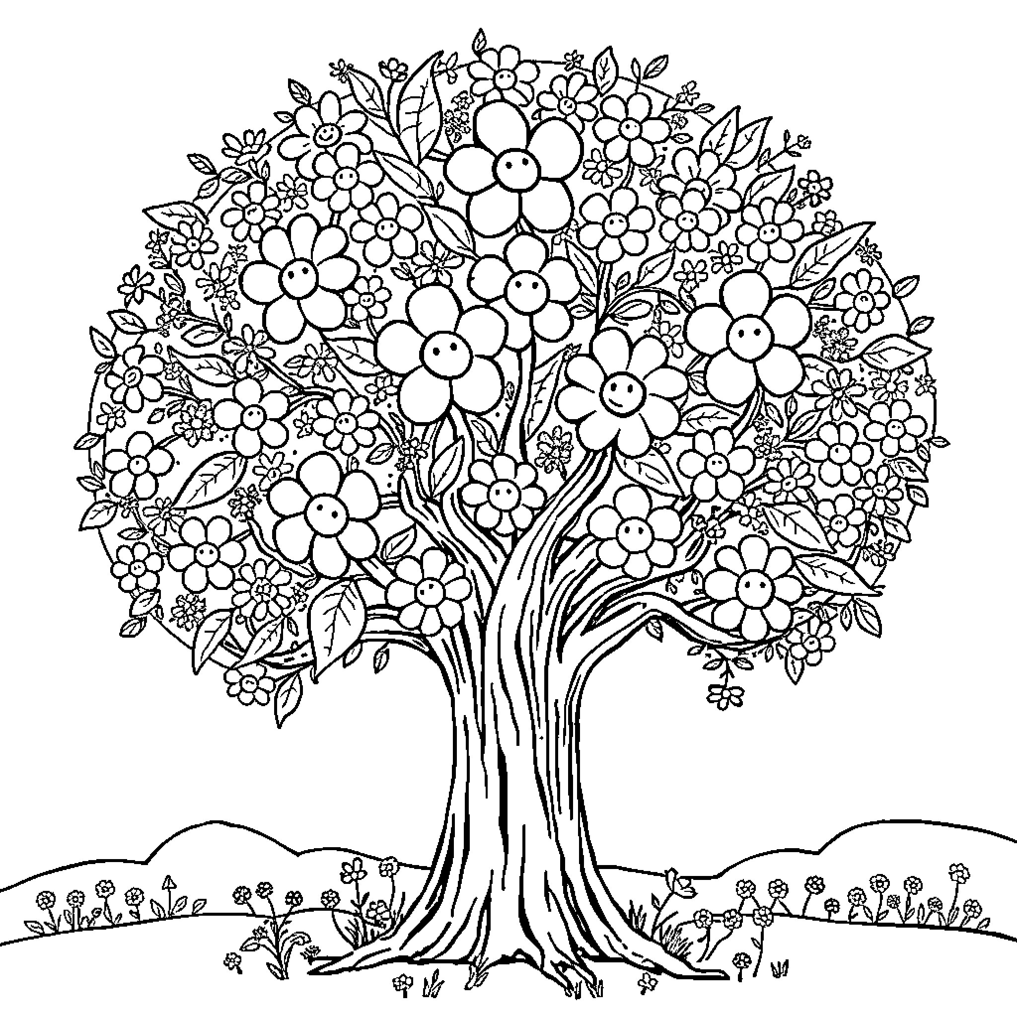 Tree with Whimsical Floral Blooms Coloring Page (free black-and-white line drawing printable PDF for all, from beginners to advanced learners, including children, teens, adults, and seniors)