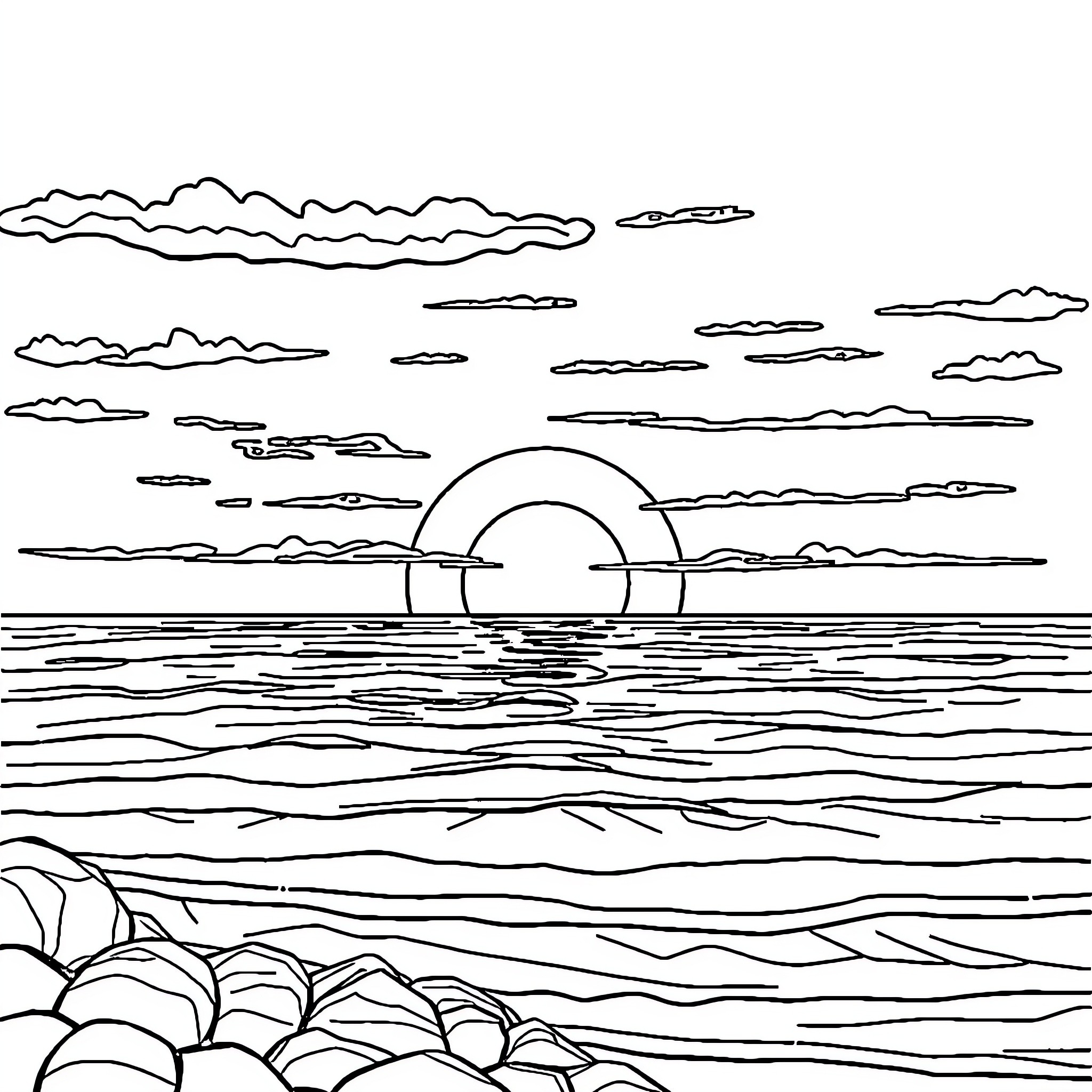 Picture of a sunset over the ocean with clouds Coloring Page (free black-and-white line drawing printable PDF for all, from beginners to advanced learners, including children, teens, adults, and seniors)