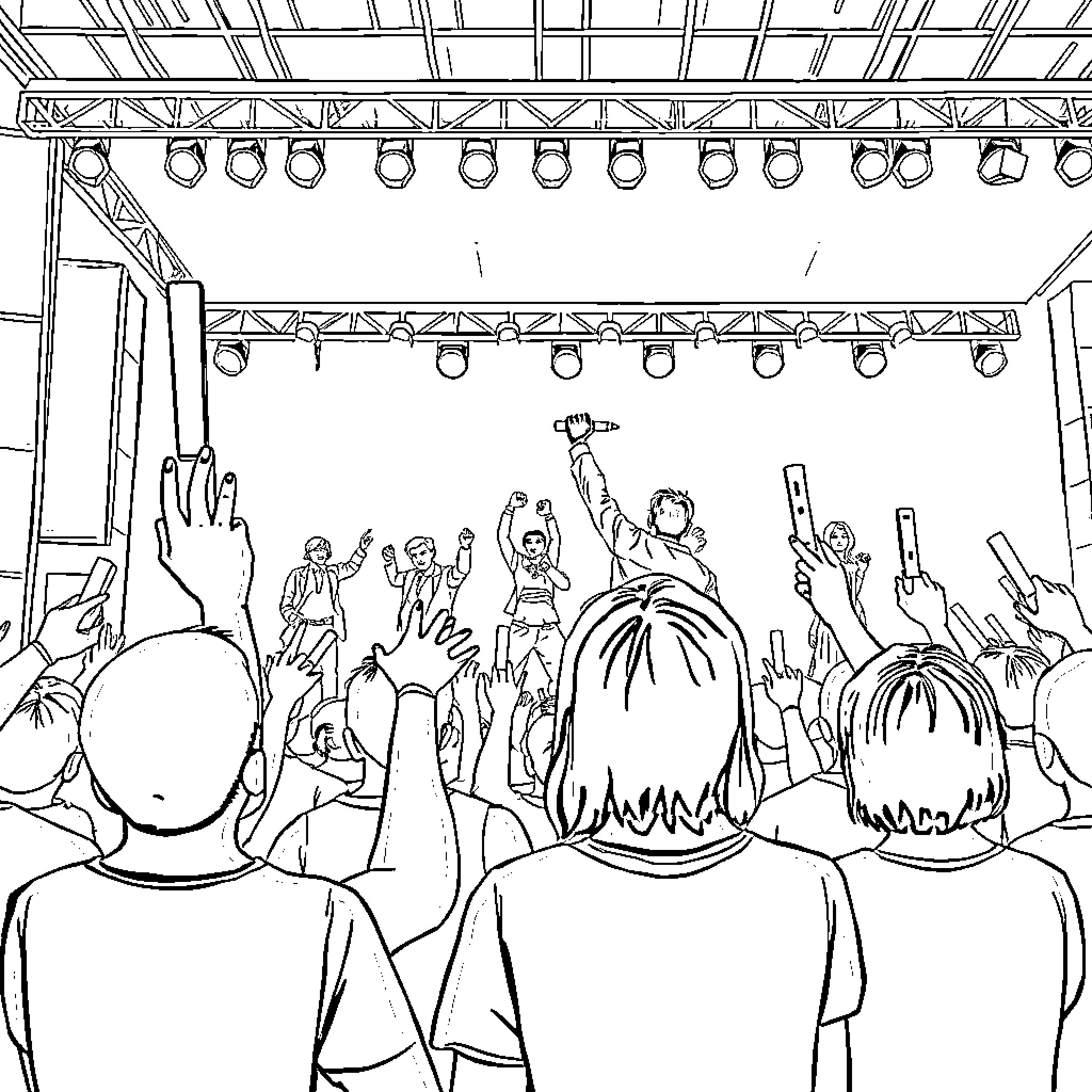 BTS Performing on Stage with Energetic Crowd Coloring Page (free black-and-white line drawing printable PDF for all, from beginners to advanced learners, including children, teens, adults, and seniors)