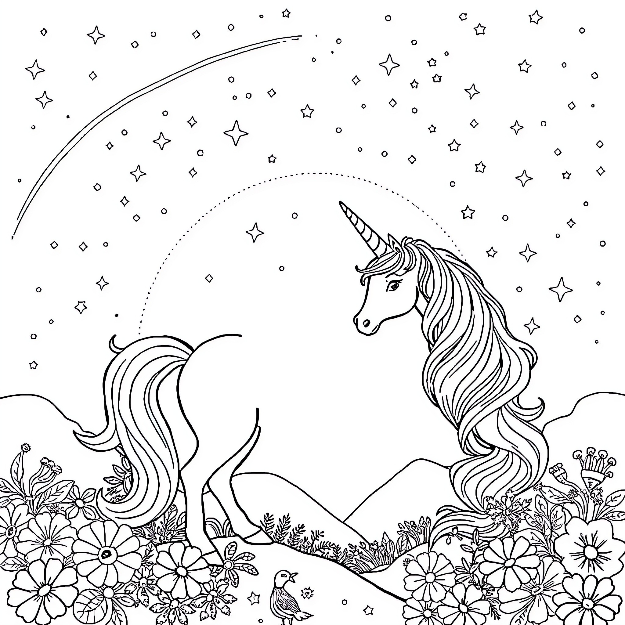 Licorne in the starry night meadow Coloring Page (free black-and-white line drawing printable PDF for all, from beginners to advanced learners, including children, teens, adults, and seniors)