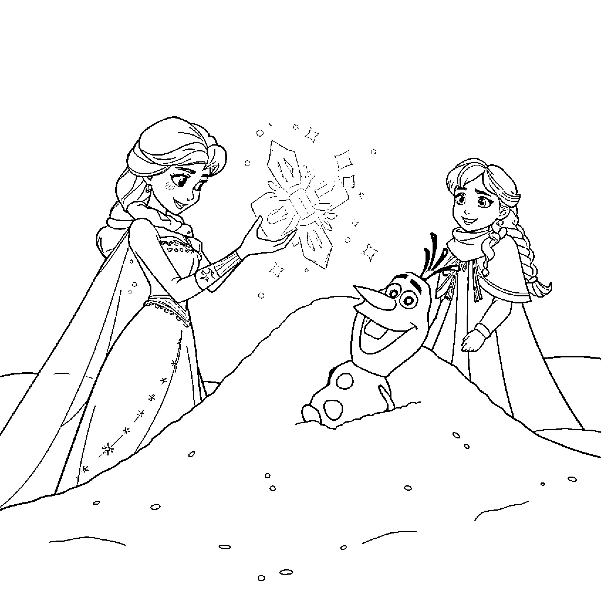 Elsa and Anna's Magical Moment with Olaf Coloring Page (free black-and-white line drawing printable PDF for all, from beginners to advanced learners, including children, teens, adults, and seniors)