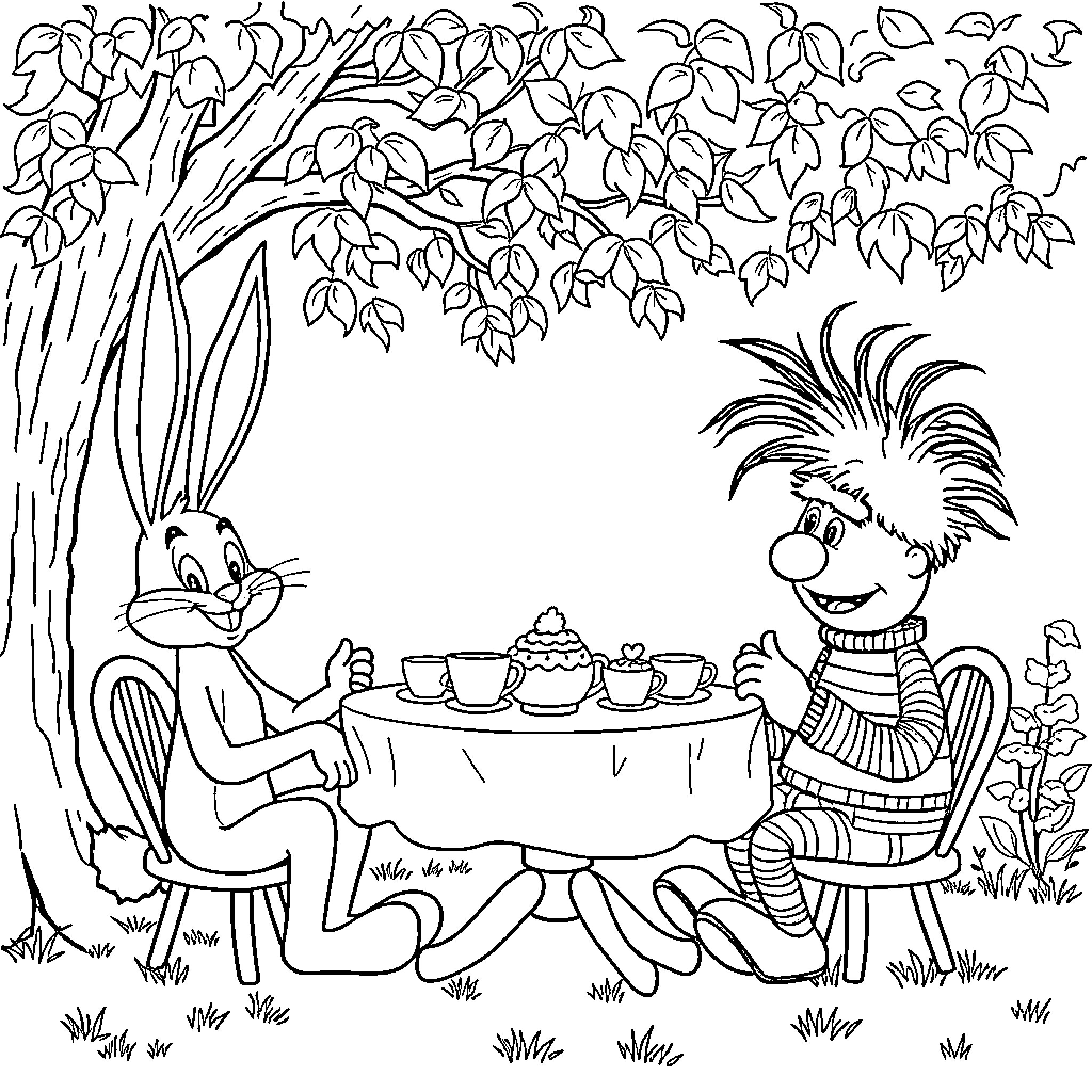Bunny and Elf Enjoying Tea Time in the Forest Coloring Page (free black-and-white line drawing printable PDF for all, from beginners to advanced learners, including children, teens, adults, and seniors)