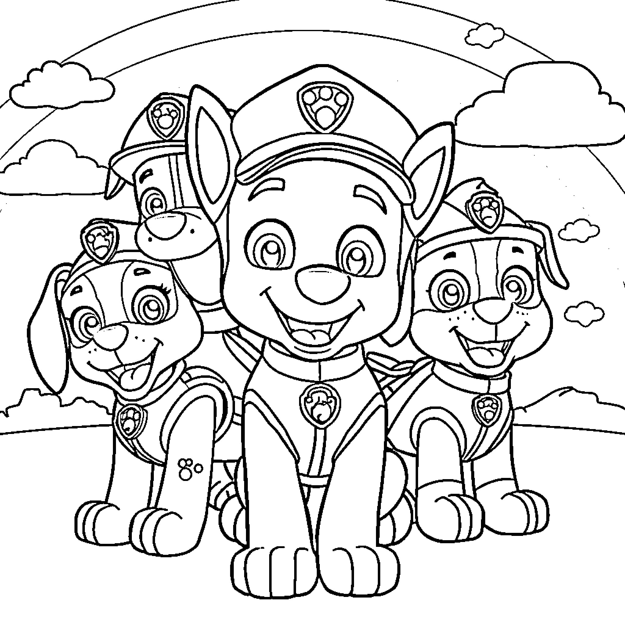 Paw Patrol characters in action poses Coloring Page (free black-and-white line drawing printable PDF for all, from beginners to advanced learners, including children, teens, adults, and seniors)