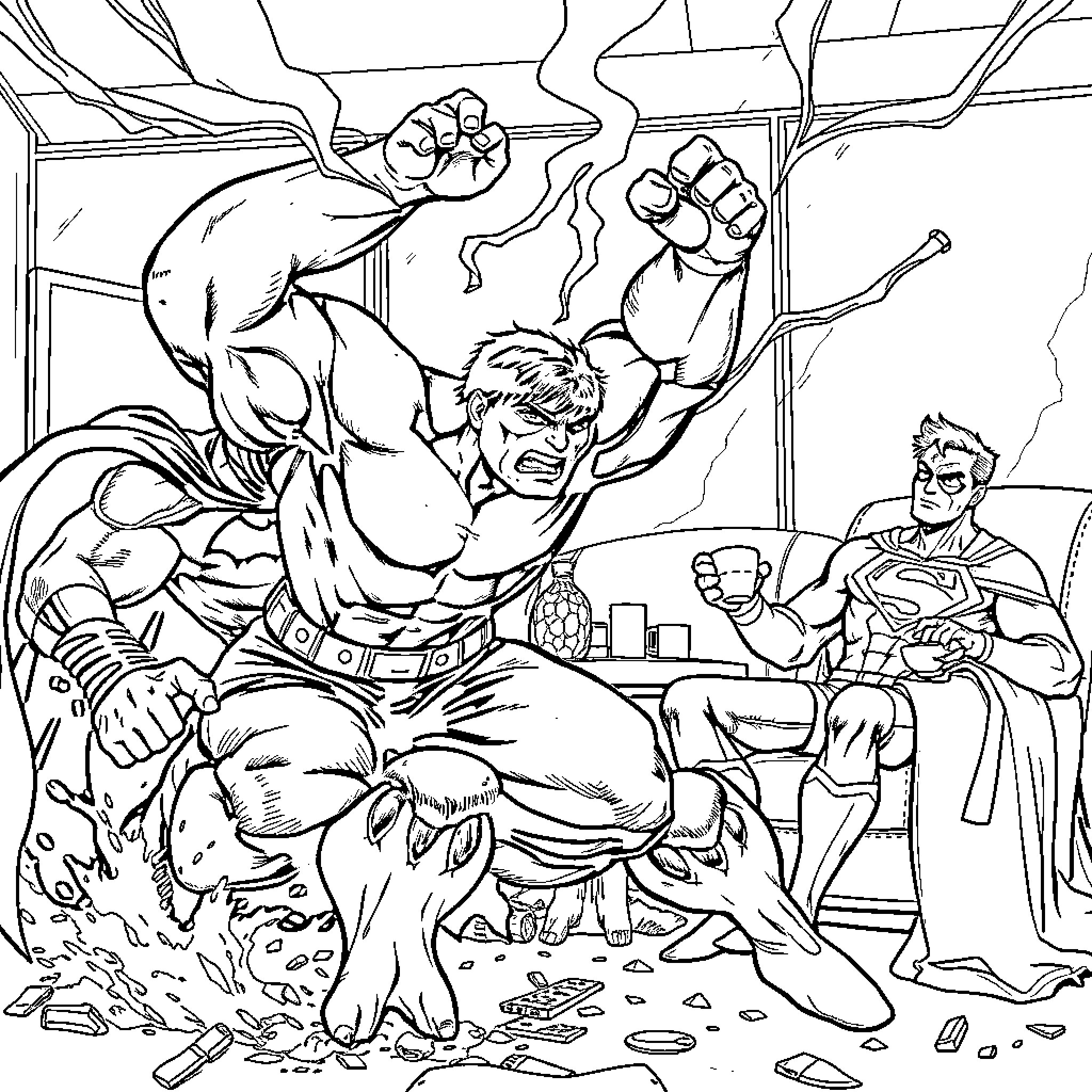 Hulk Smashing Through a Room in Fury Coloring Page (free black-and-white line drawing printable PDF for all, from beginners to advanced learners, including children, teens, adults, and seniors)