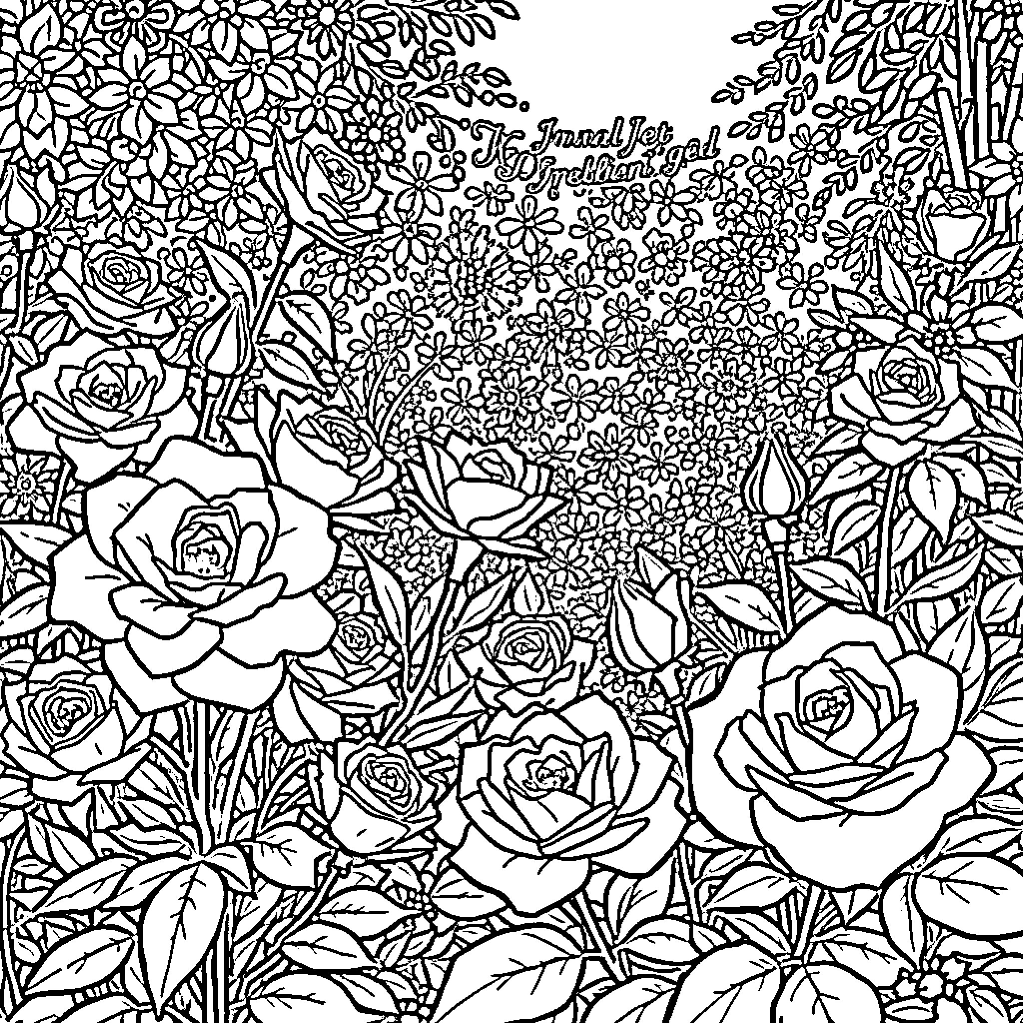 Rose Garden with Intricate Floral Patterns Coloring Page (free black-and-white line drawing printable PDF for all, from beginners to advanced learners, including children, teens, adults, and seniors)
