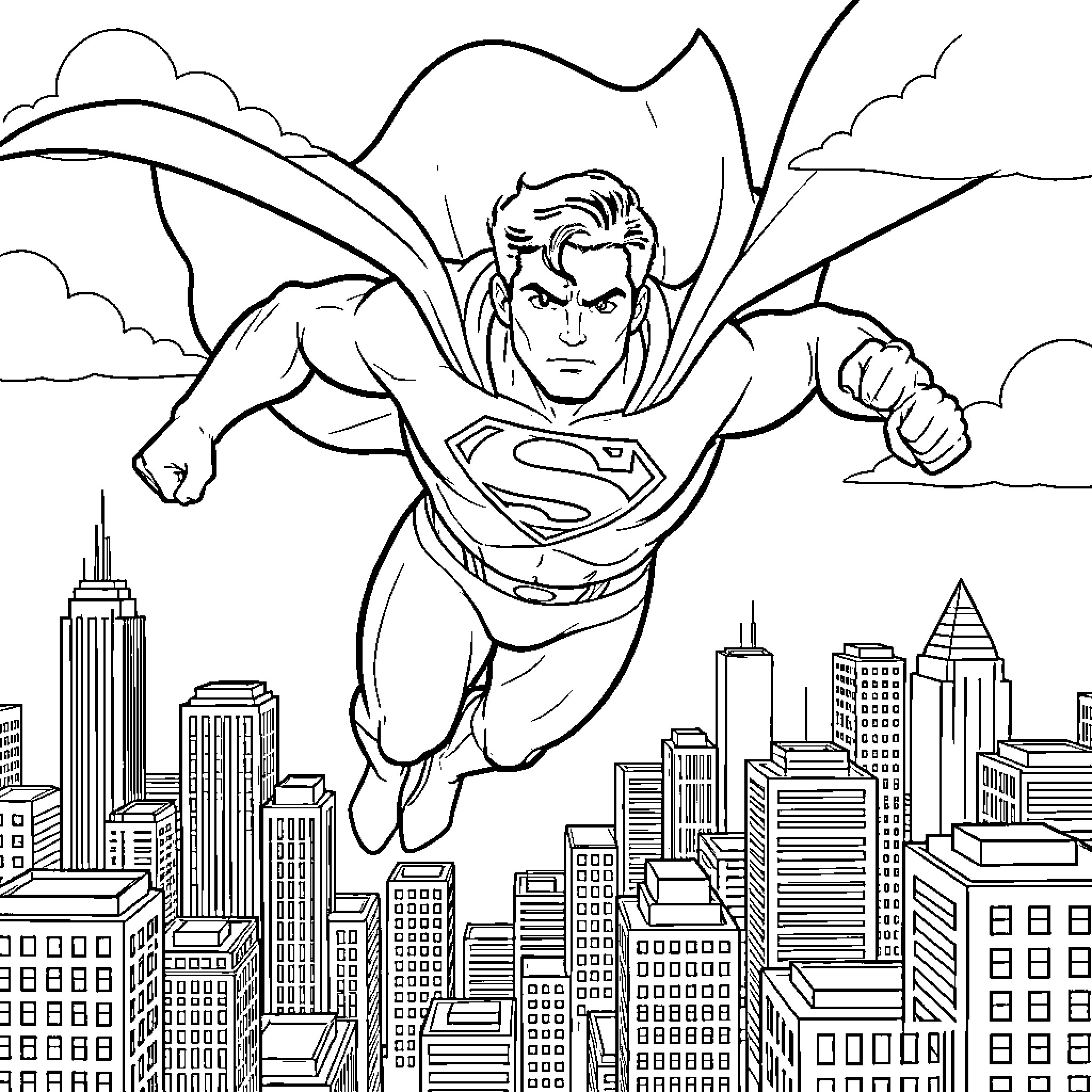 Superman flying heroically above a city skyline Coloring Page (free black-and-white line drawing printable PDF for all, from beginners to advanced learners, including children, teens, adults, and seniors)
