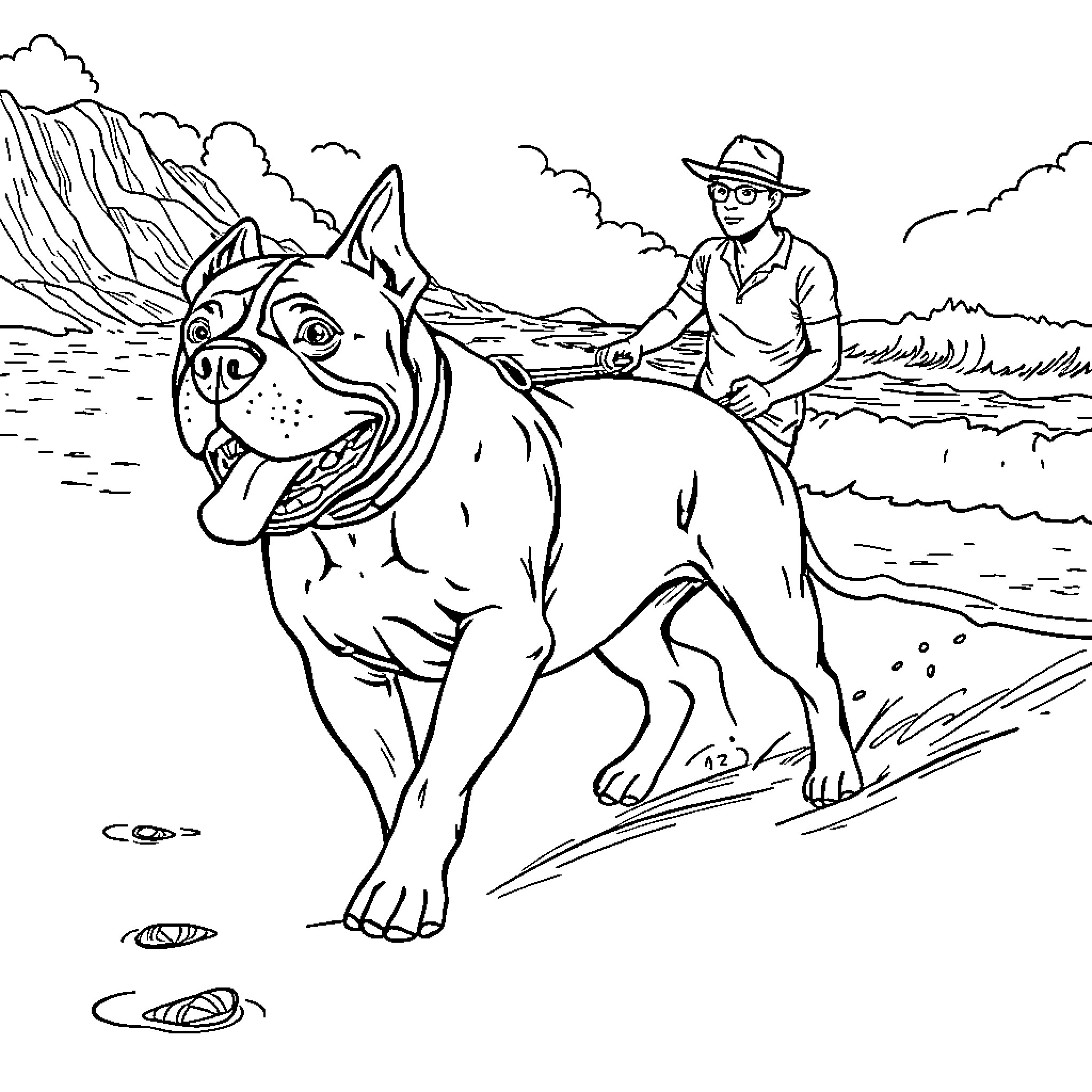 Pit Bull Hiking with Owner in Scenic Landscape Coloring Page (free black-and-white line drawing printable PDF for all, from beginners to advanced learners, including children, teens, adults, and seniors)