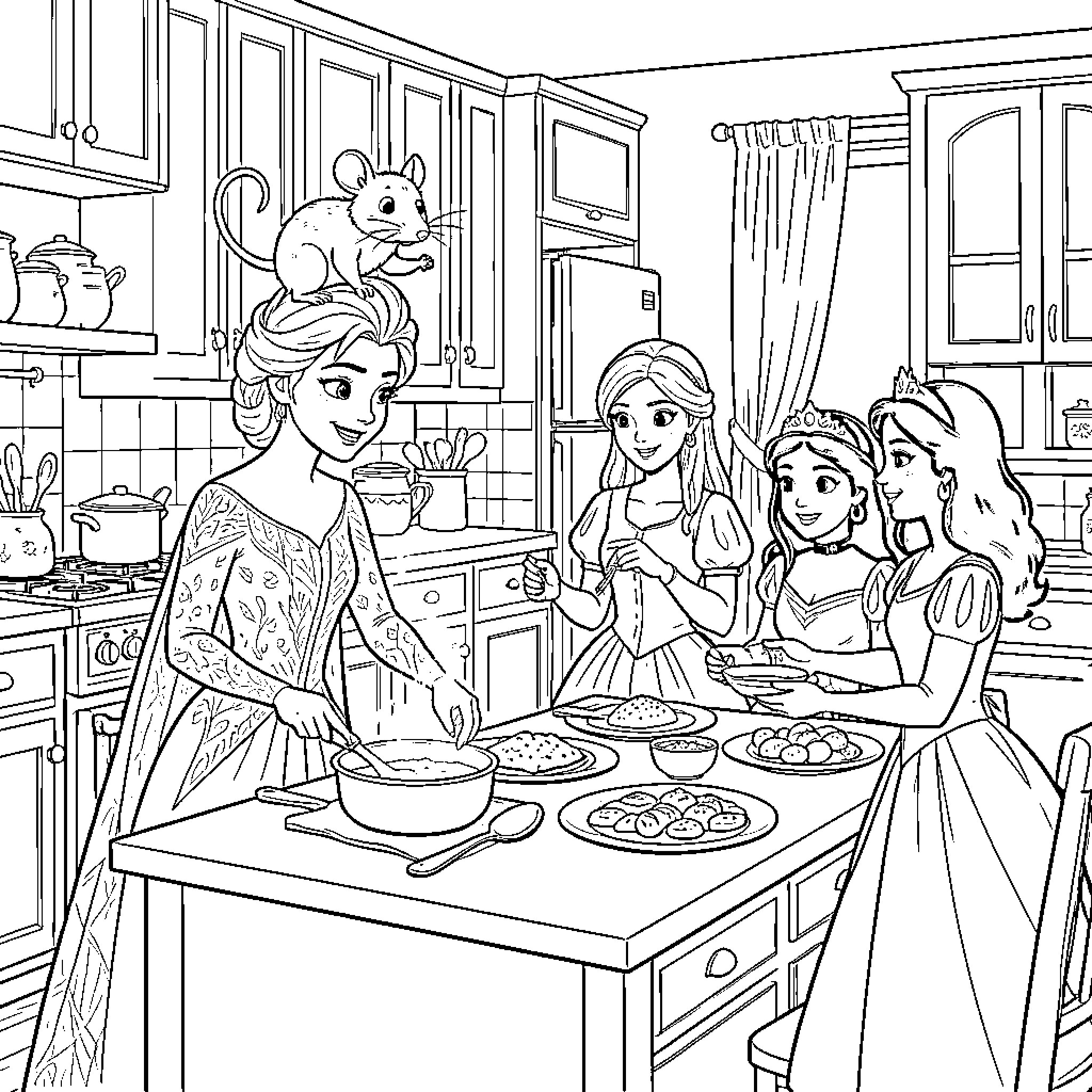 Princesses preparing and enjoying a meal in the kitchen Coloring Page (free black-and-white line drawing printable PDF for all, from beginners to advanced learners, including children, teens, adults, and seniors)