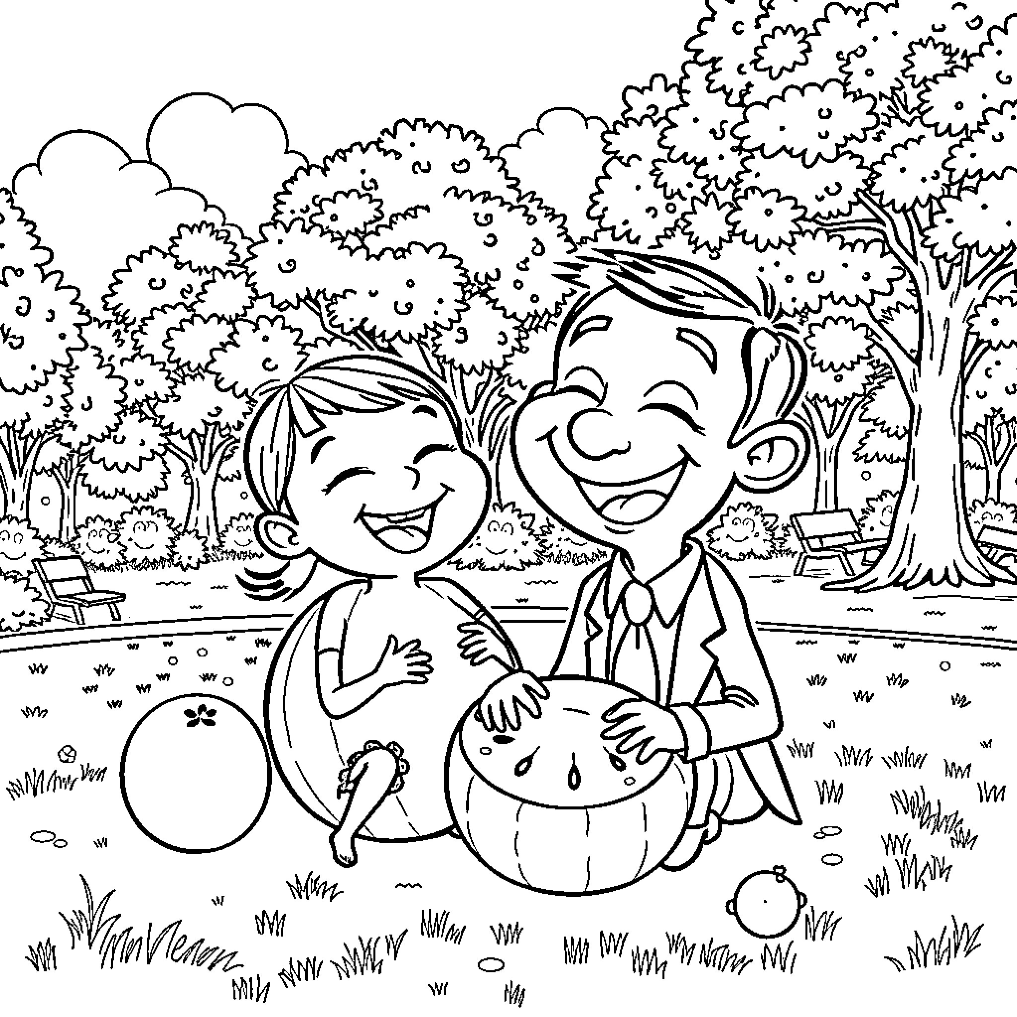 Cocomelon Kids Playing Happily in the Park Coloring Page (free black-and-white line drawing printable PDF for all, from beginners to advanced learners, including children, teens, adults, and seniors)