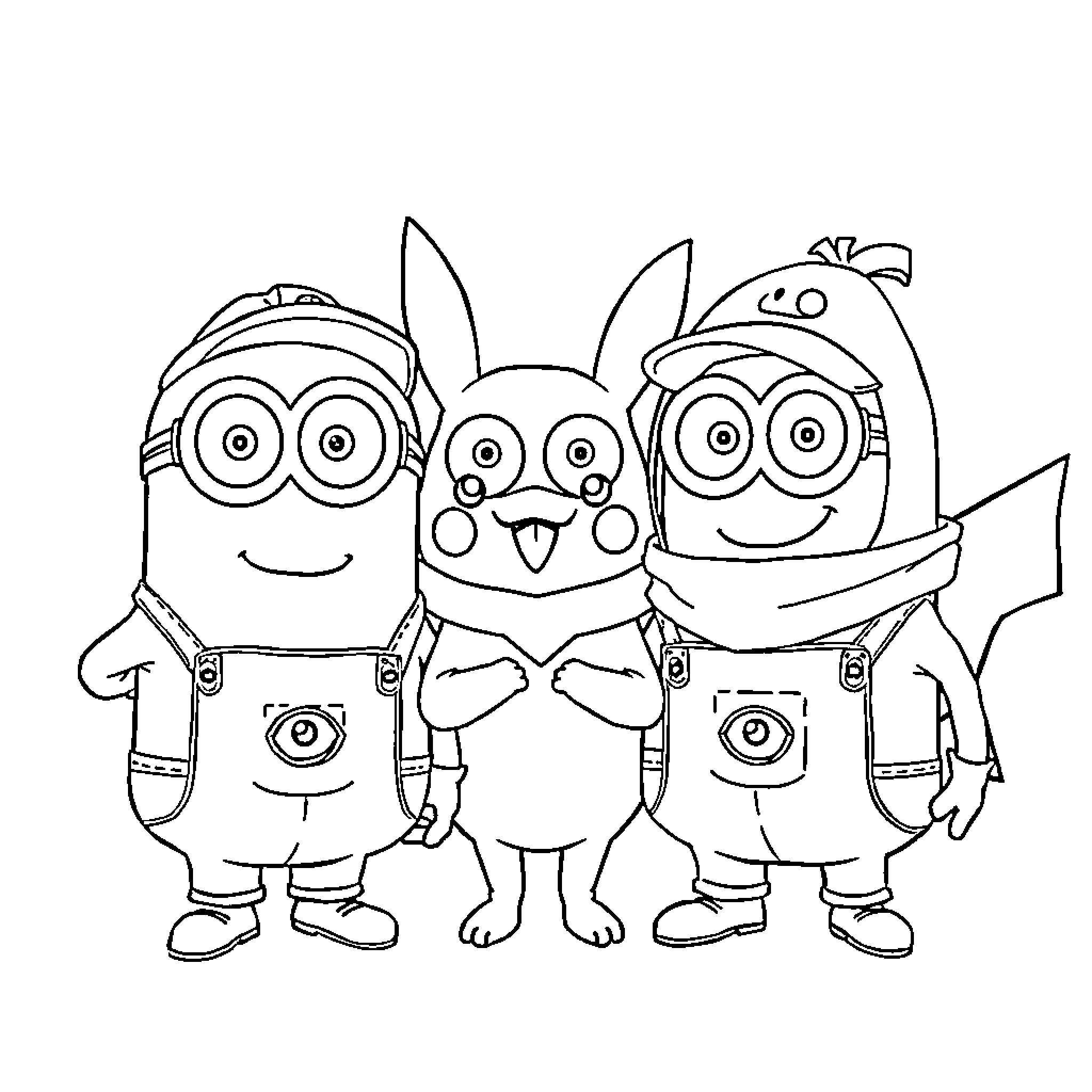 Minions Expressing Playfulness and Excitement Coloring Page (free black-and-white line drawing printable PDF for all, from beginners to advanced learners, including children, teens, adults, and seniors)