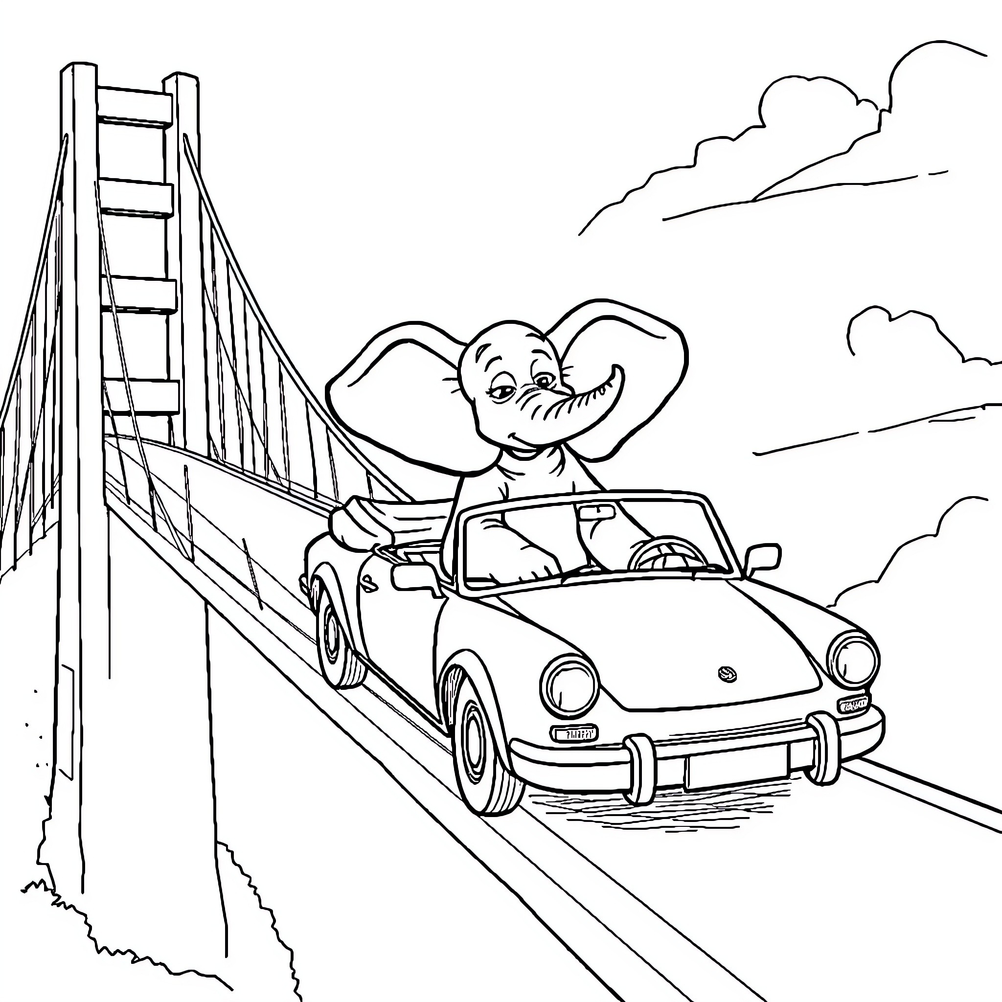 Elephant driving a convertible across a bridge Coloring Page (free black-and-white line drawing printable PDF for all, from beginners to advanced learners, including children, teens, adults, and seniors)
