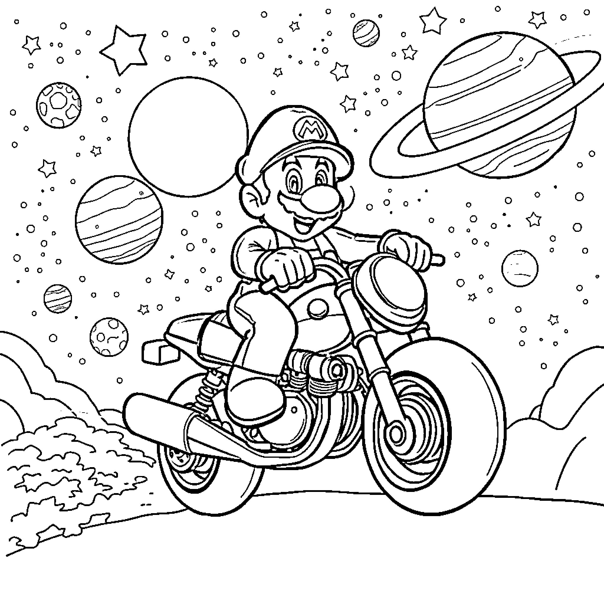 Mario's Cosmic Motorcycle Adventure Coloring Page (free black-and-white line drawing printable PDF for all, from beginners to advanced learners, including children, teens, adults, and seniors)