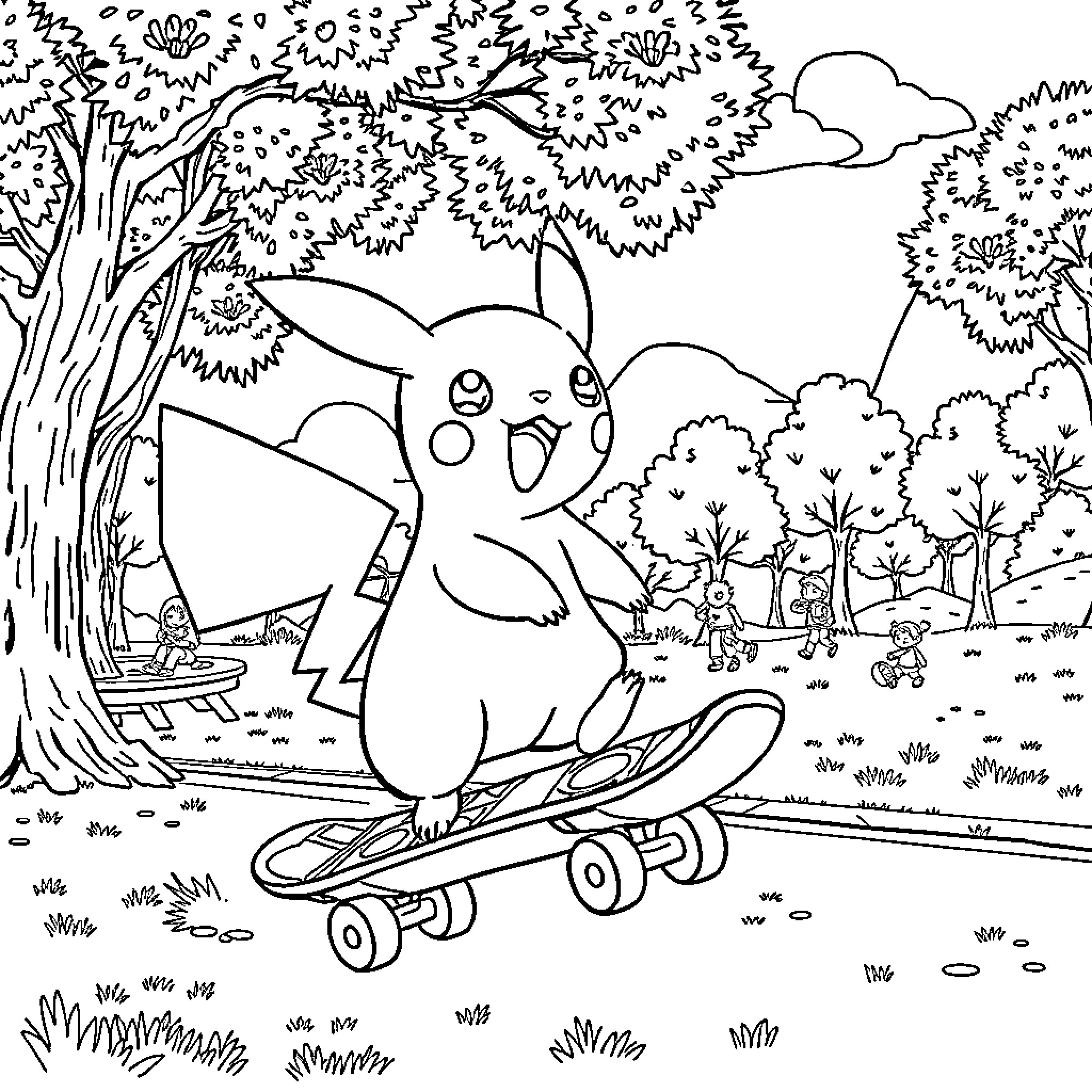 Pokémon character skateboarding through nature Coloring Page (free black-and-white line drawing printable PDF for all, from beginners to advanced learners, including children, teens, adults, and seniors)