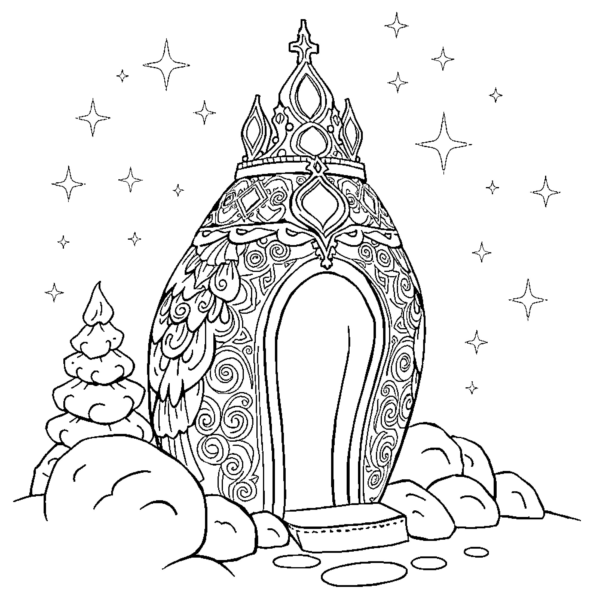 UFO with ornate architectural structure and celestial backdrop Coloring Page (free black-and-white line drawing printable PDF for all, from beginners to advanced learners, including children, teens, adults, and seniors)