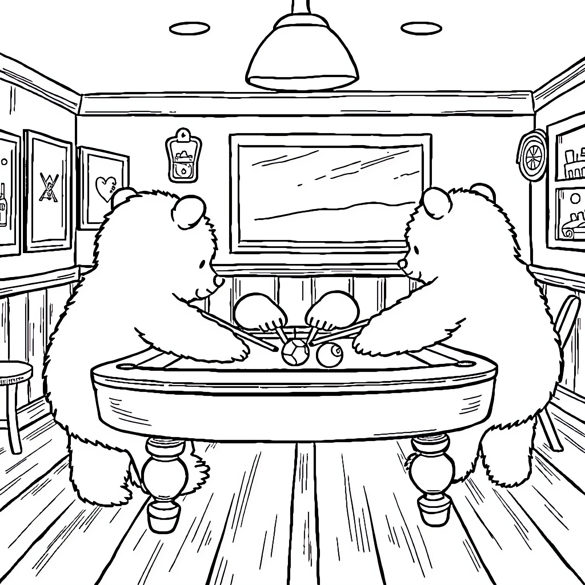 Bears playing pool in a cozy room Coloring Page (free black-and-white line drawing printable PDF for all, from beginners to advanced learners, including children, teens, adults, and seniors)