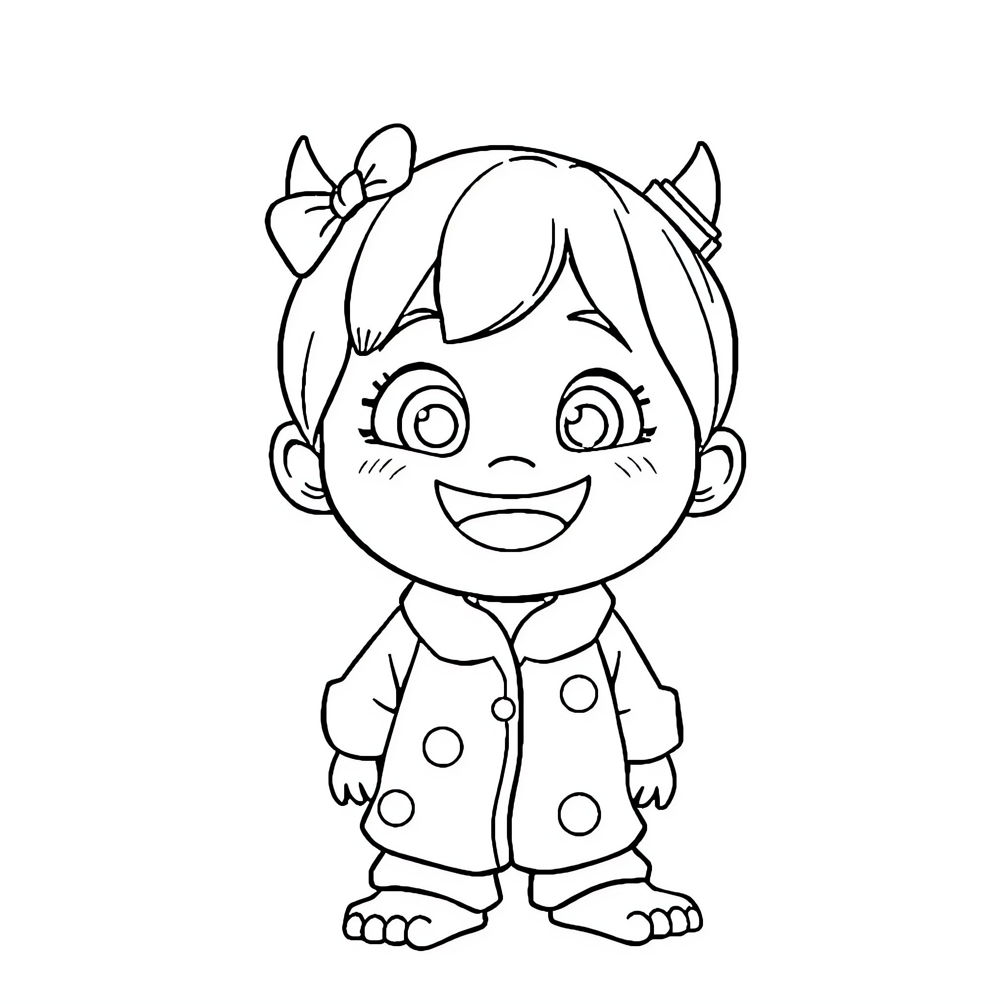 Boo! Happy girl in polka dot outfit Coloring Page (free black-and-white line drawing printable PDF for all, from beginners to advanced learners, including children, teens, adults, and seniors)