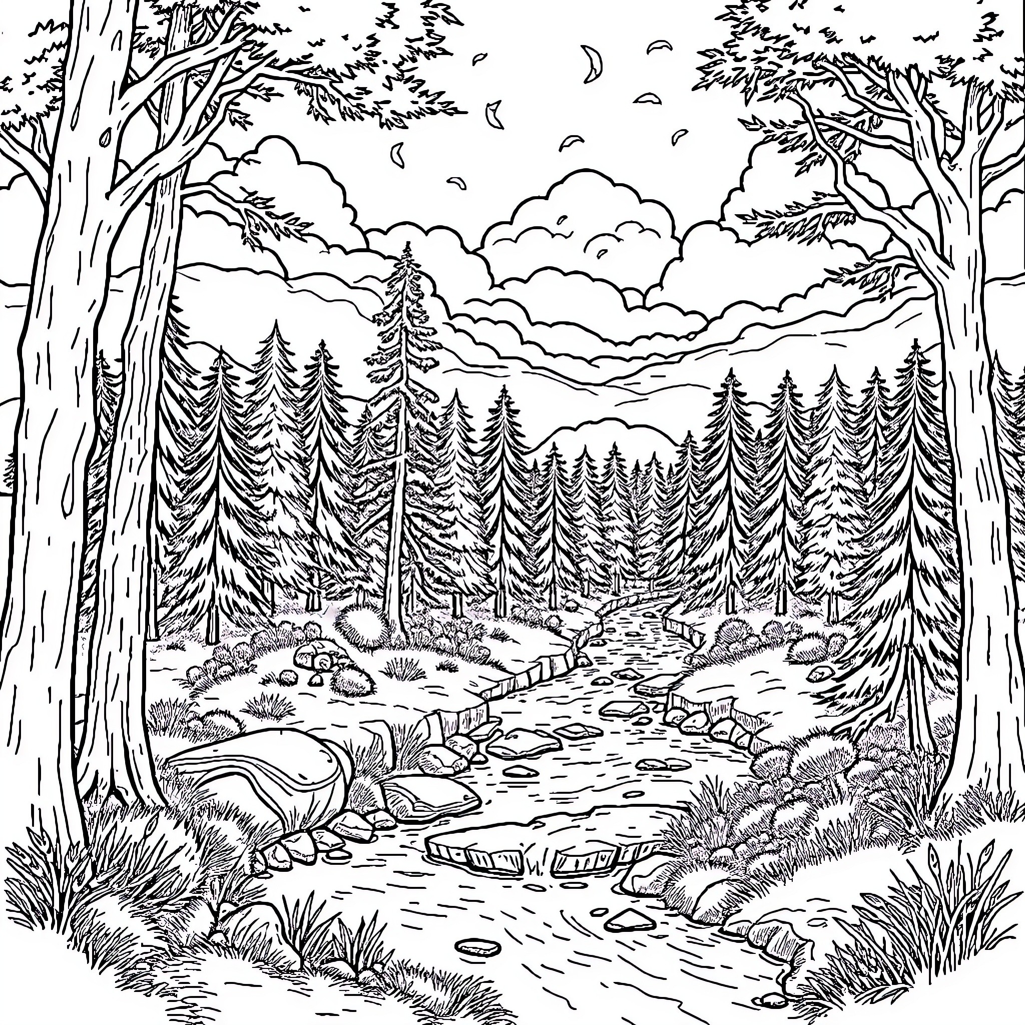 Mind the Serenity of the Forest Landscape Coloring Page (free black-and-white line drawing printable PDF for all, from beginners to advanced learners, including children, teens, adults, and seniors)