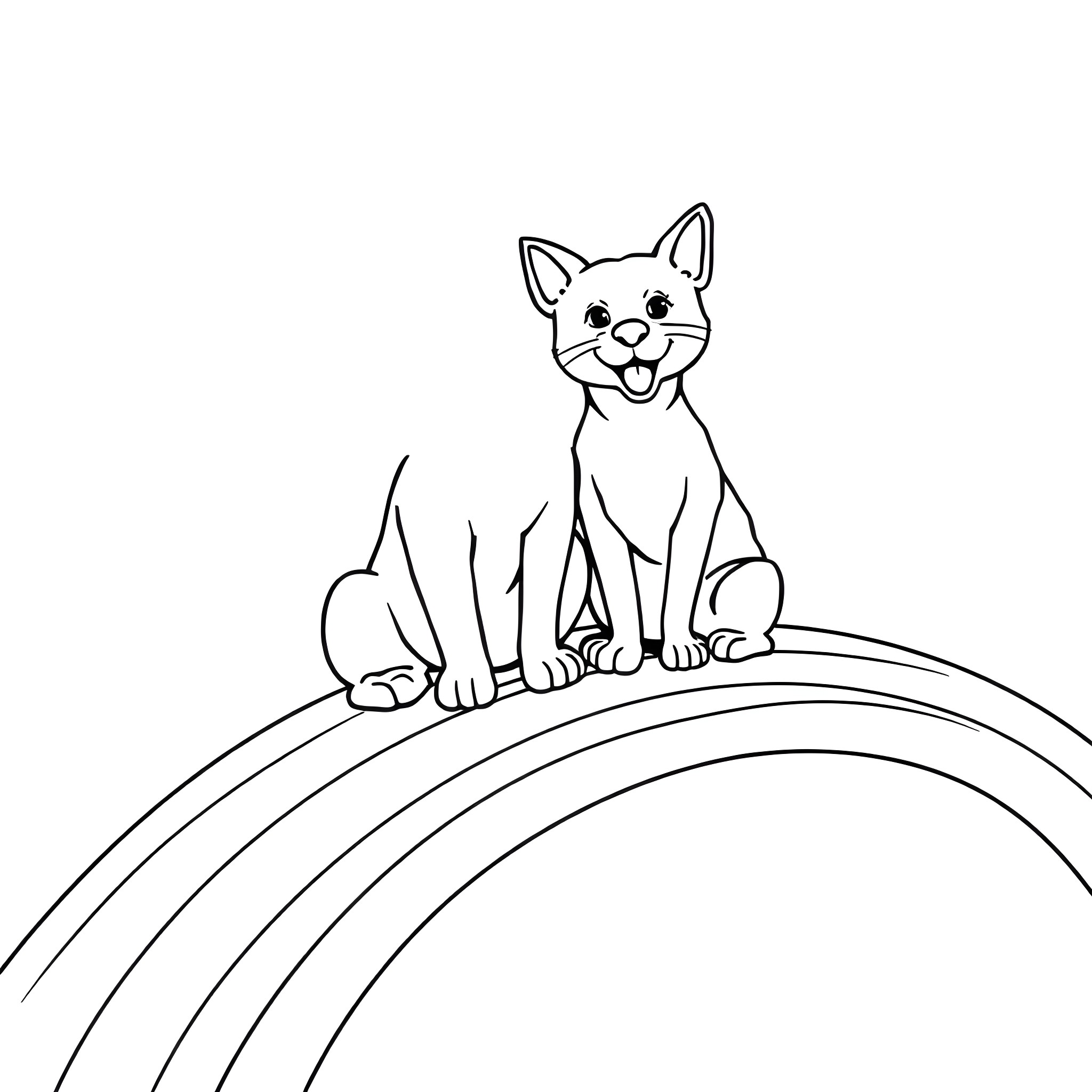 Cat sitting on a rainbow Coloring Page (free black-and-white line drawing printable PDF for all, from beginners to advanced learners, including children, teens, adults, and seniors)