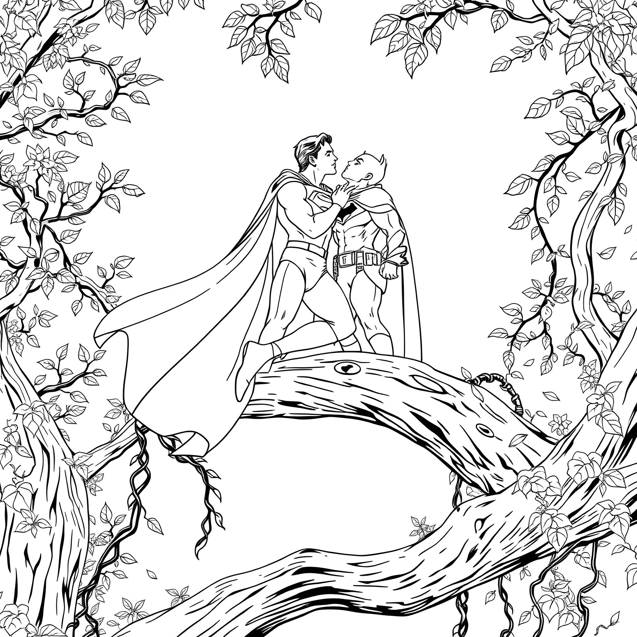 Superman rescuing a damsel in distress in a lush forest Coloring Page (free black-and-white line drawing printable PDF for all, from beginners to advanced learners, including children, teens, adults, and seniors)